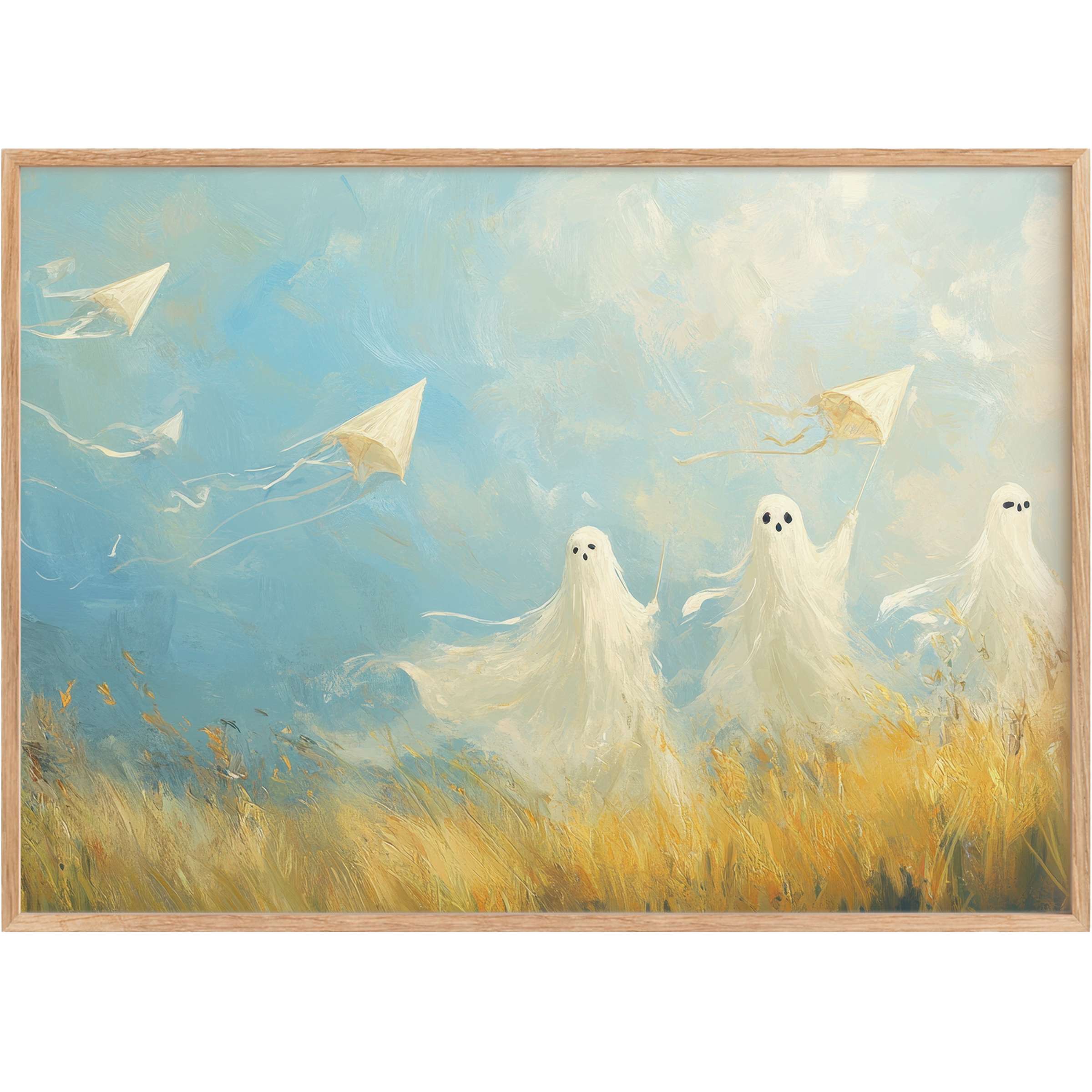Ethereal Halloween printable wall art captures whimsical ghosts with kites in golden fields, blending soft blues and warm ambers for a serene autumnal glow