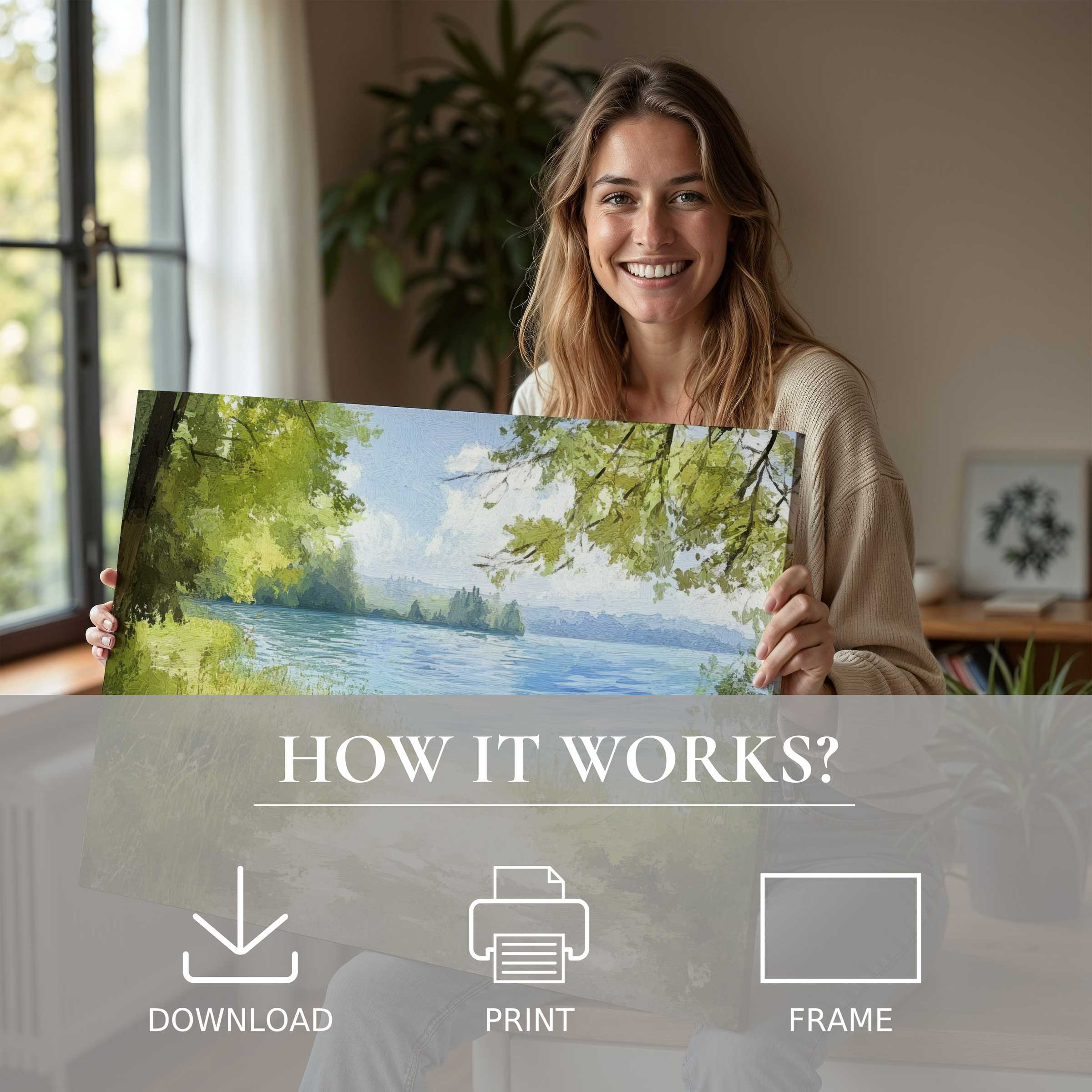 Radiant summer digital art print evokes tranquility and connection, effortlessly enhancing modern interiors with serene natural beauty