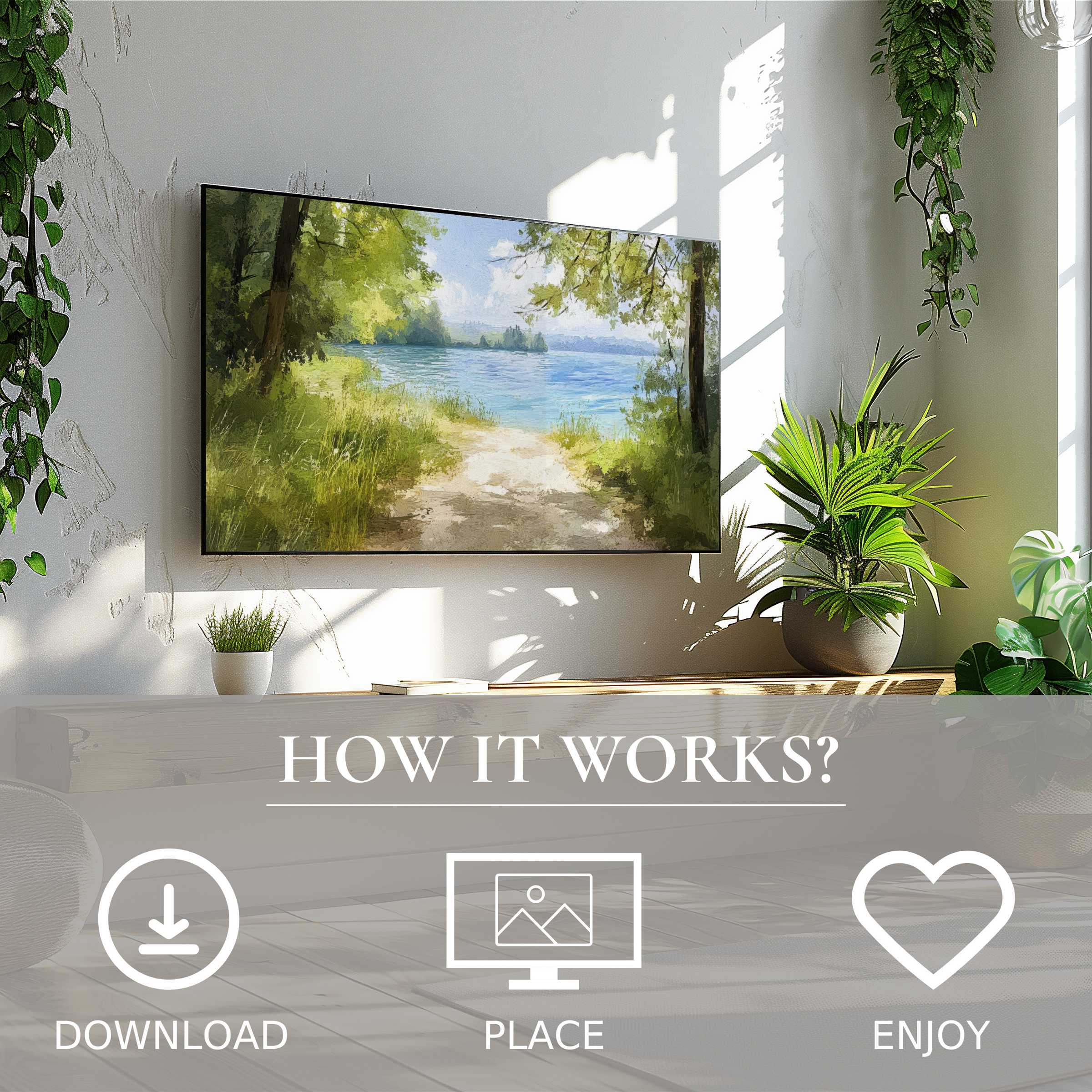 Summer art for Samsung TV shows soft color flow of lakeside greenery, easy digital download enriches bright modern living space