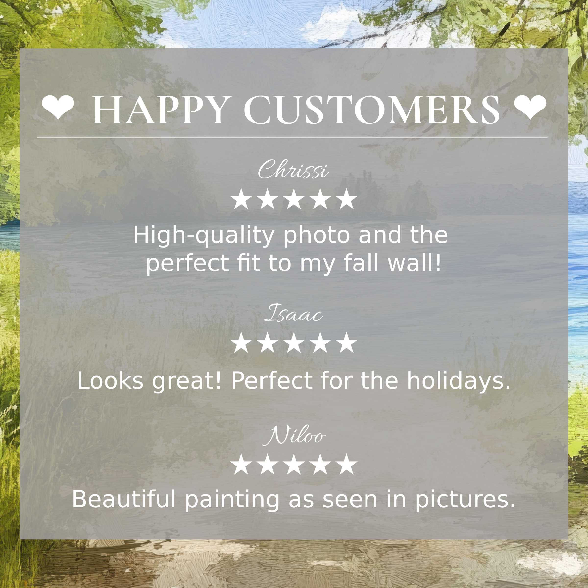 Elegant summer art for Frame TV with abstract green and blue hues, highlighting happy customer reviews for trusted style