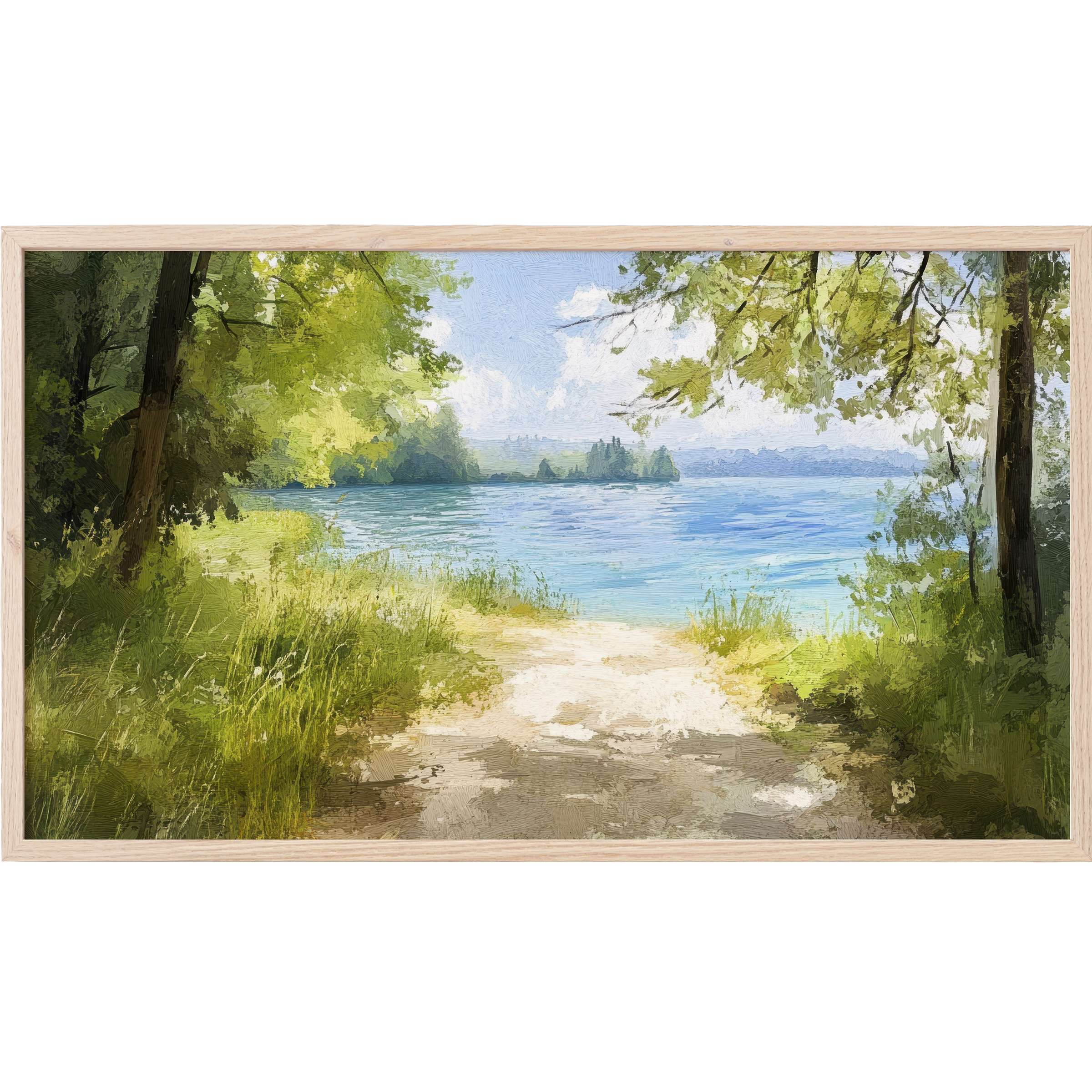 Summer Frame TV Art: serene lake view framed by lush green trees, soft blues and natural earth tones, painterly texture
