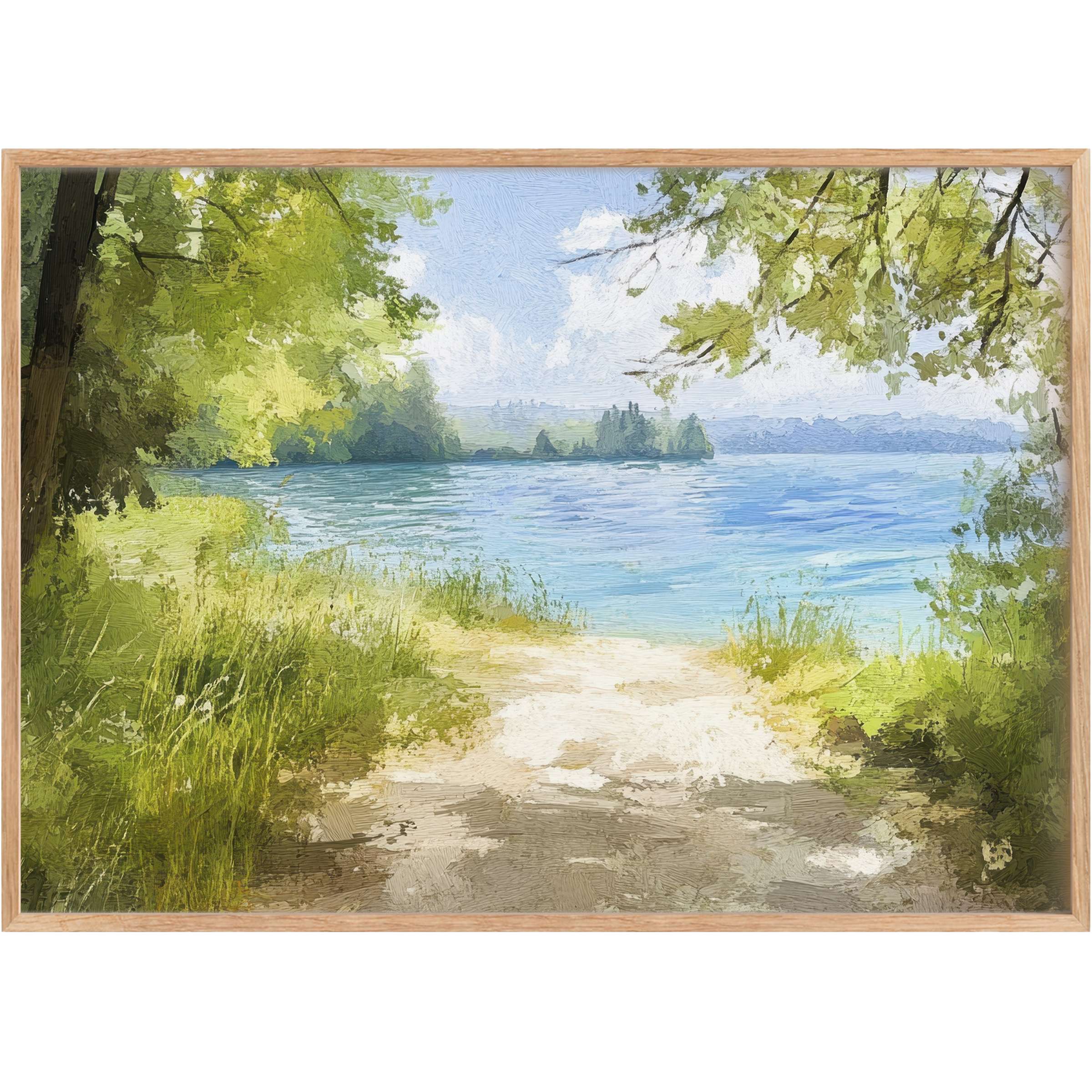 Serene summer printable wall art capturing sunlit greens and tranquil blues, evoking peaceful lakeside elegance and calm reflection