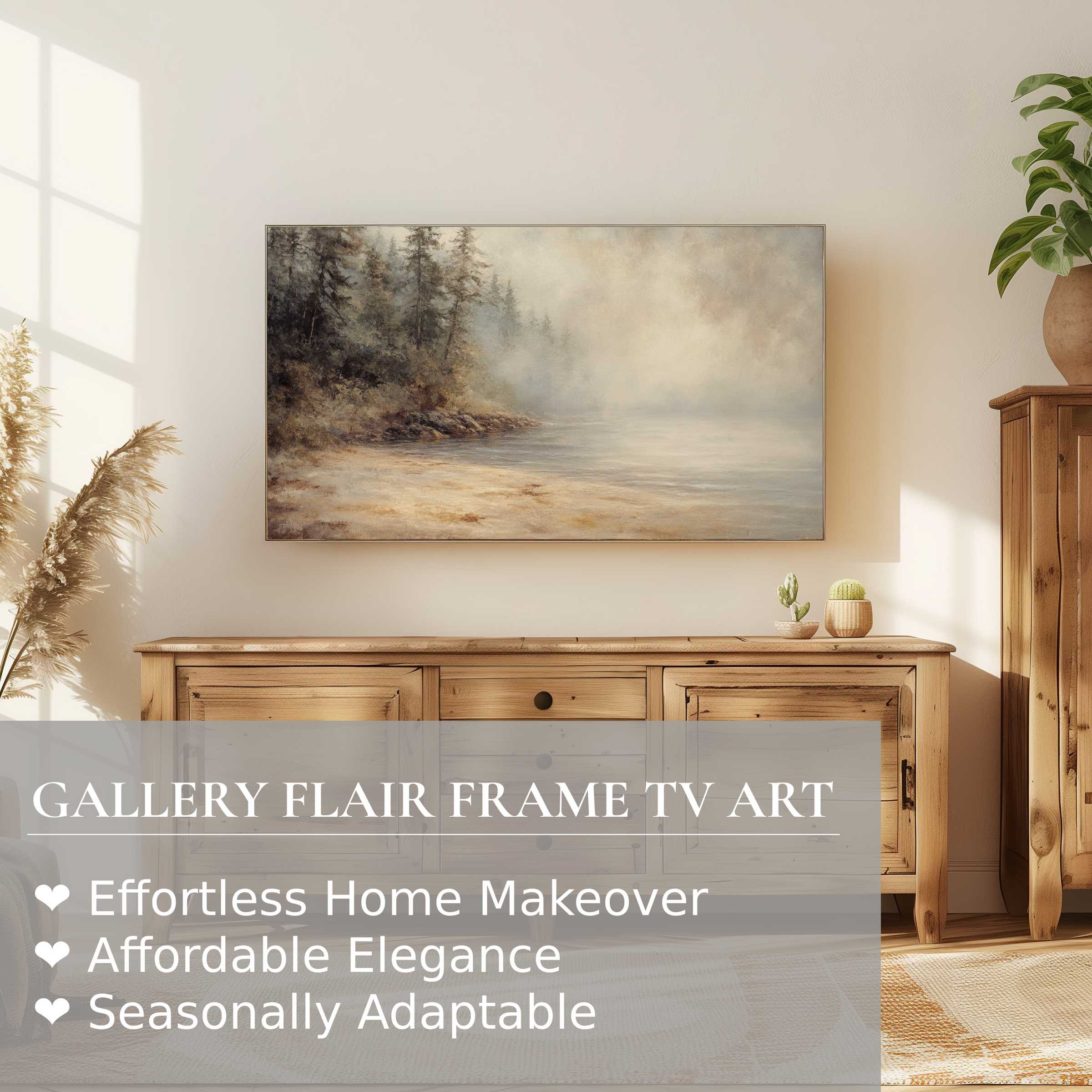 Samsung Frame TV displays serene coastal digital artwork in a refined, modern living space with natural wood decor