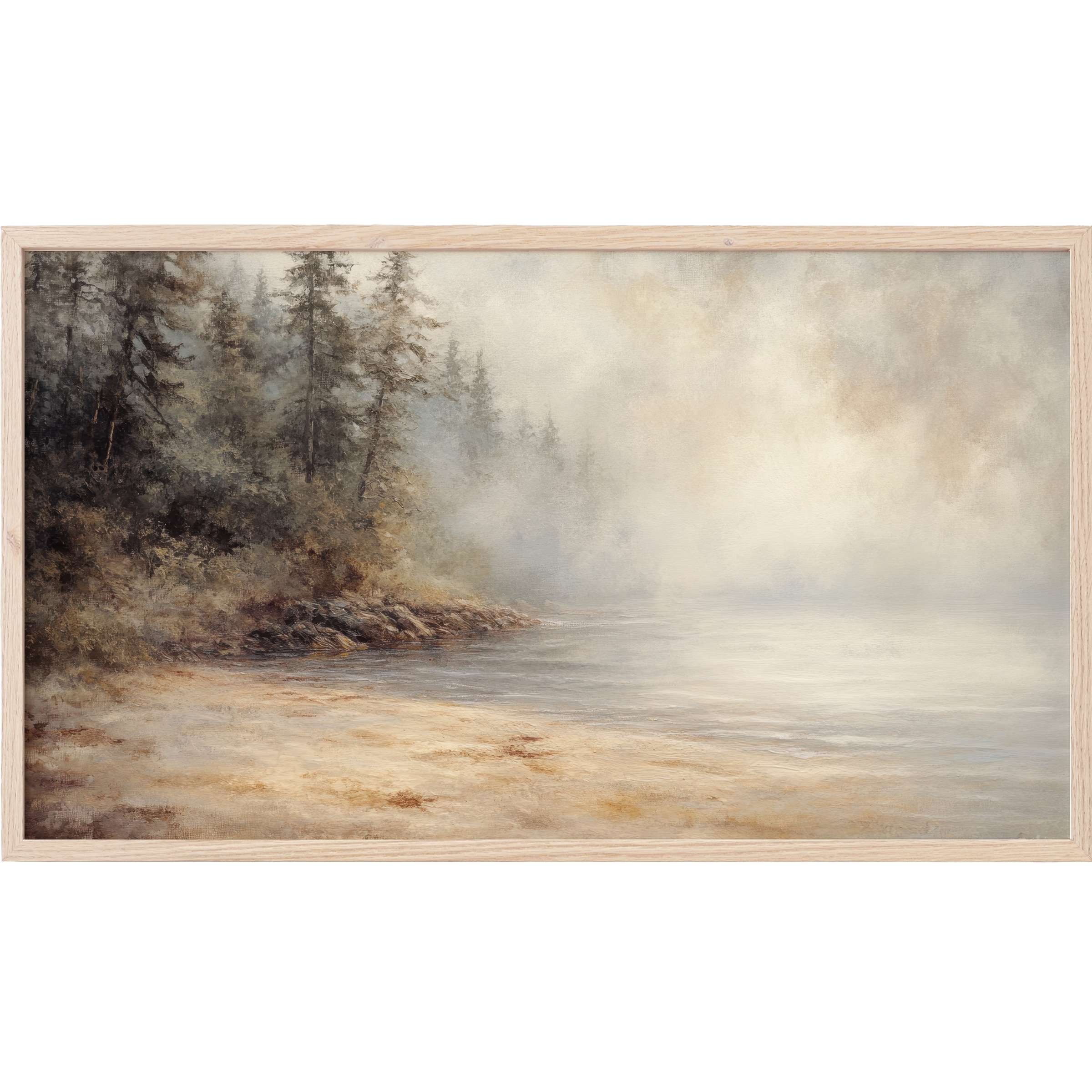 Soft mist envelops a serene shoreline with muted earth tones and pine trees in elegant coastal Frame TV Art
