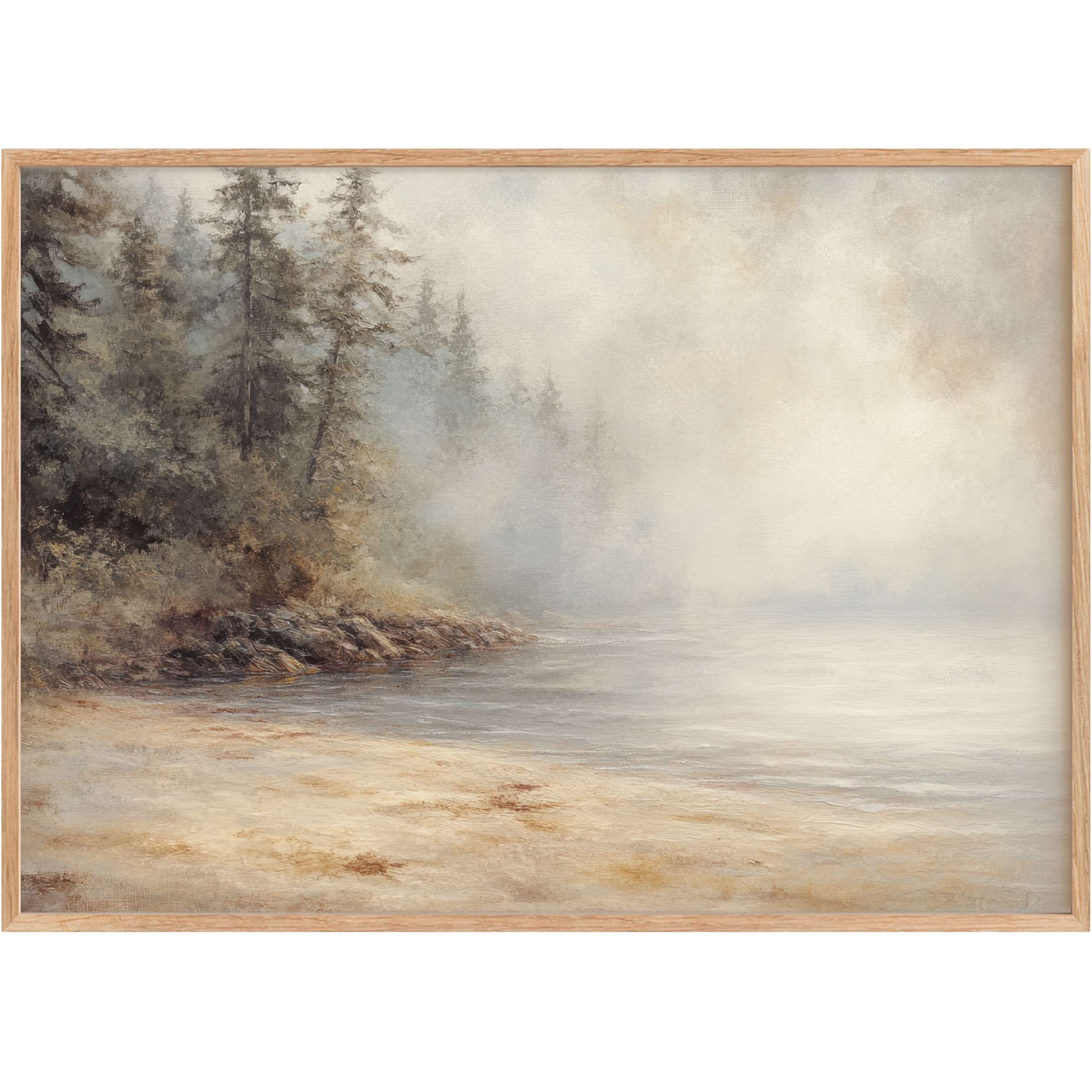 Coastal printable wall art evokes serene misty shores with soft beige sands and muted pine greens, creating a tranquil, reflective ambiance