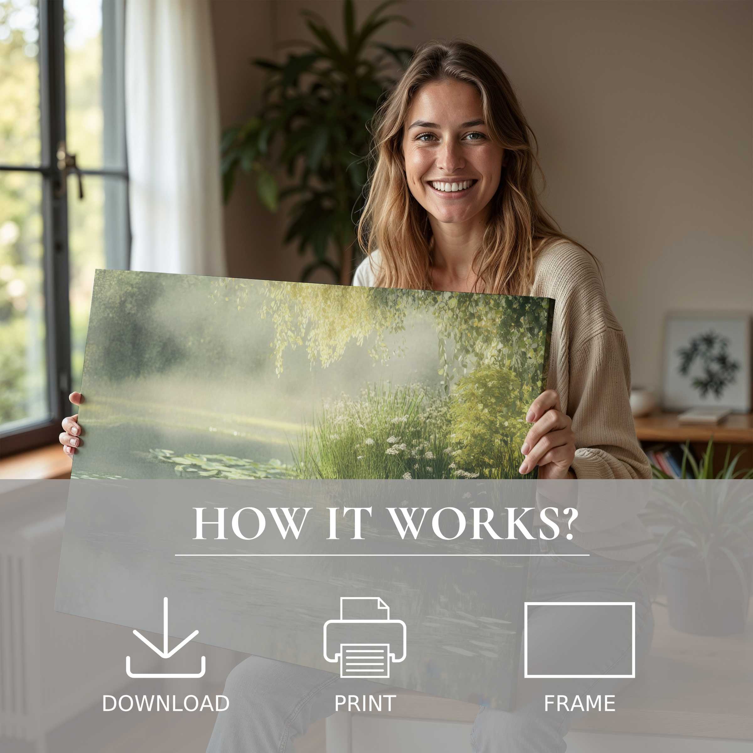 Bright vintage digital art print embraced in a serene modern home, celebrating effortless joy and timeless elegance