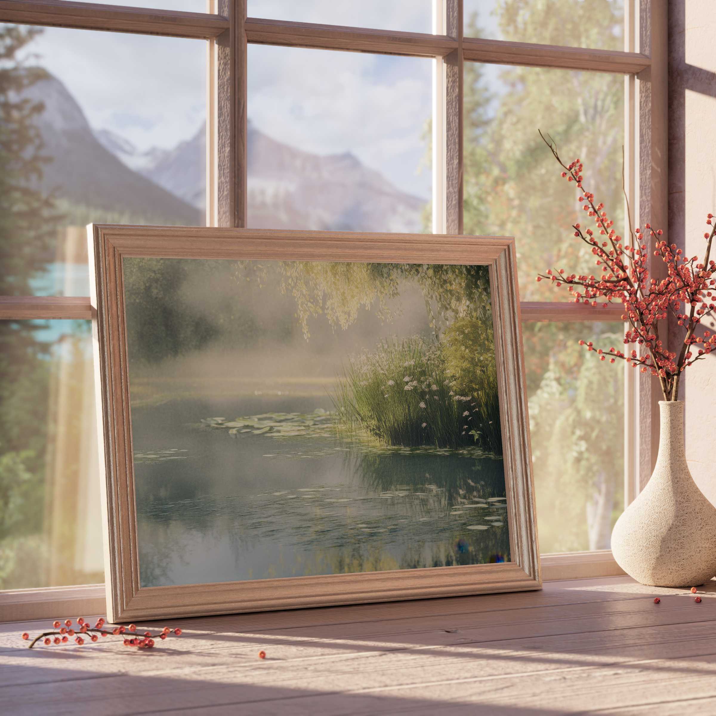 Vintage downloadable art of a misty lakeside landscape, evoking serene calm and timeless elegance for curated, tranquil interiors