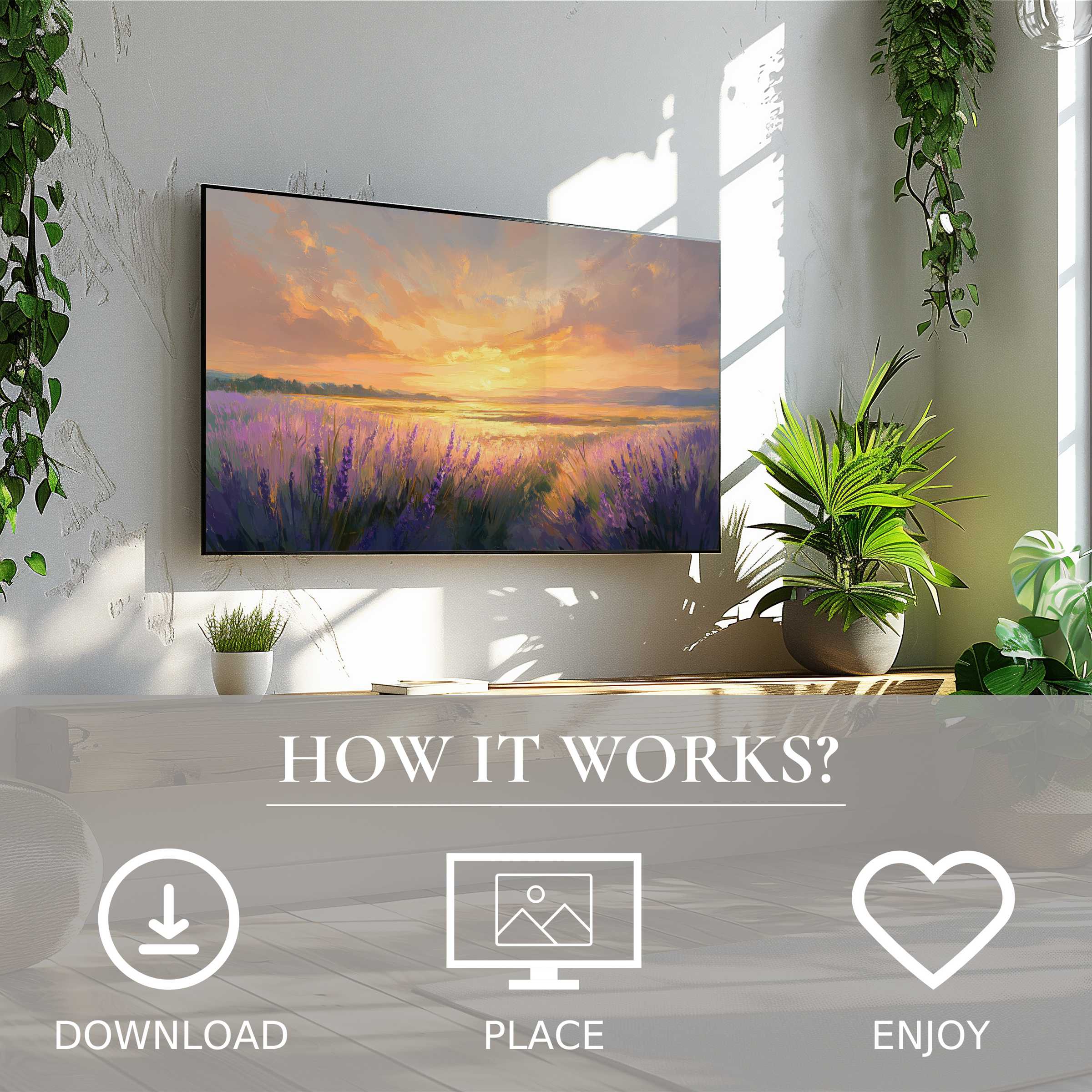Modern living space with easy digital download landscape art for Samsung TV showing warm sunset tones enriching decor