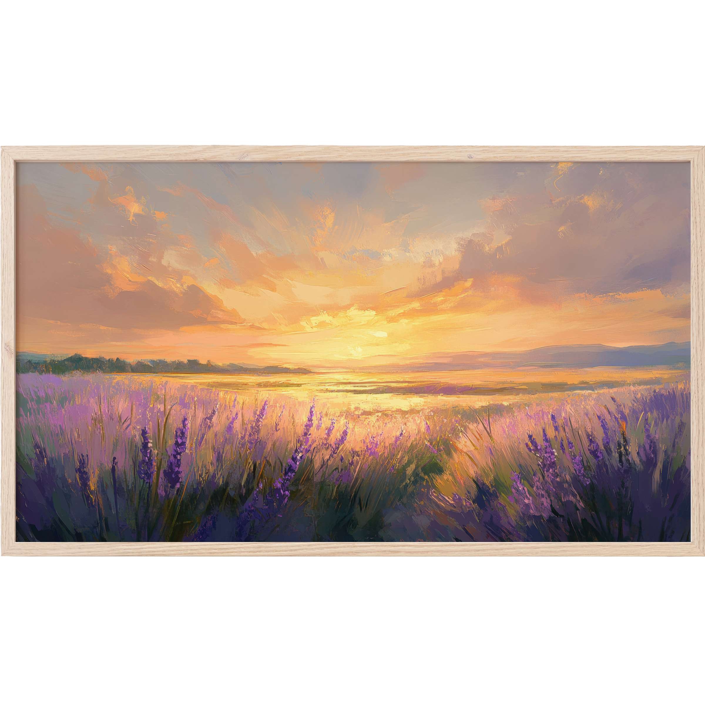 Landscape Frame TV Art showcasing a radiant sunset over a lavender field in soft purples and warm golds