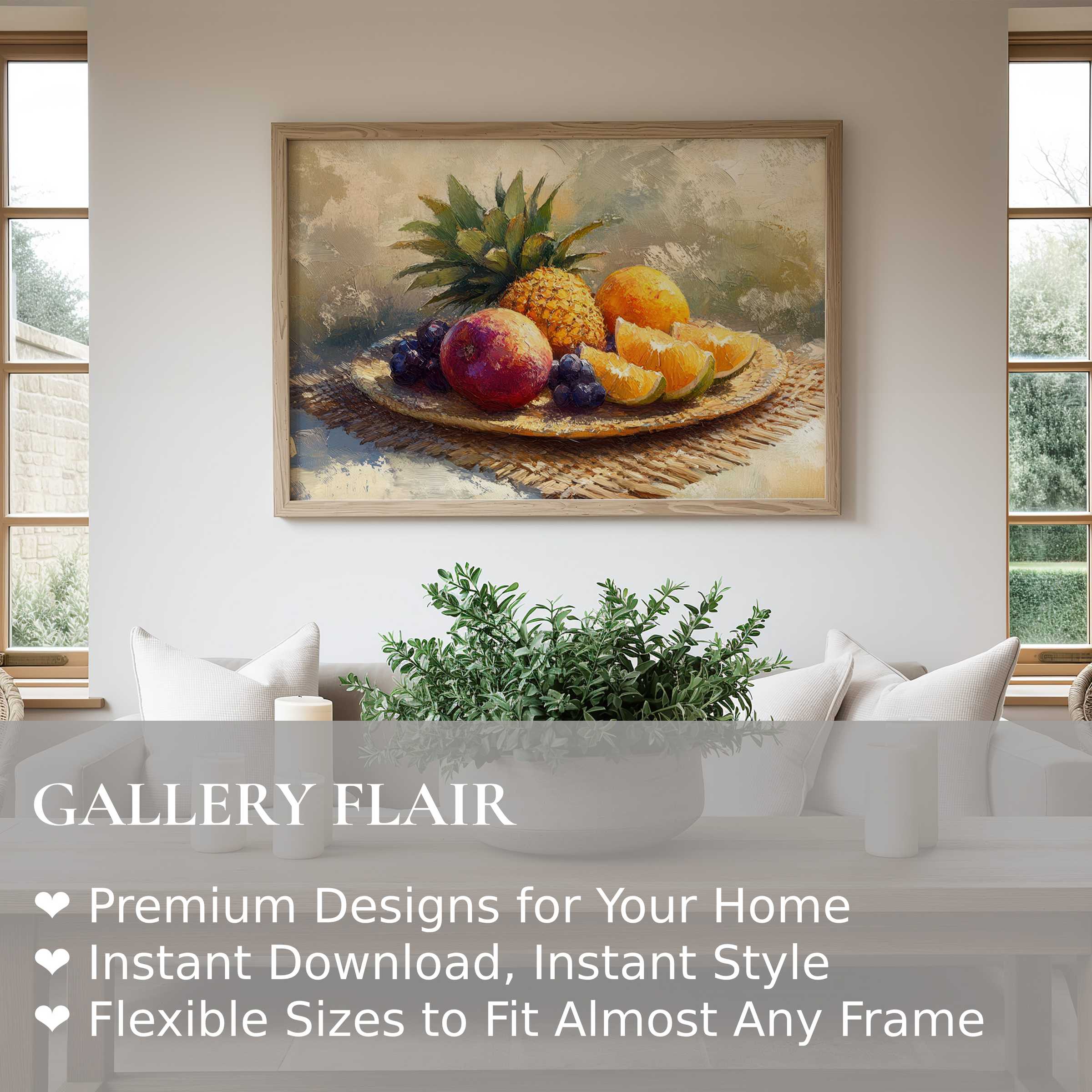 Radiant beach wall art print featuring vibrant tropical fruits in a refined coastal setting, enhancing modern natural interiors