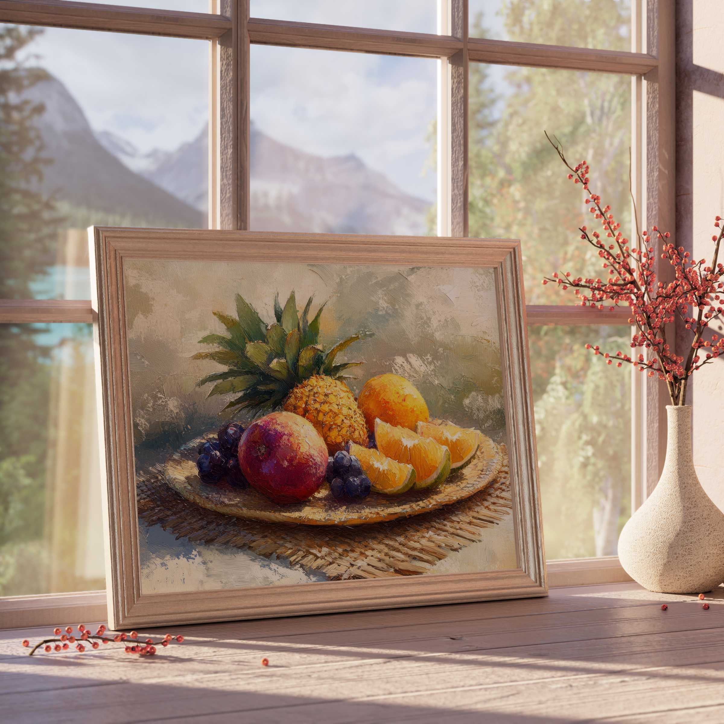 Beach downloadable art showcasing vibrant tropical fruits in a sunlit frame, elevating serene, curated interiors with warm coastal vibes