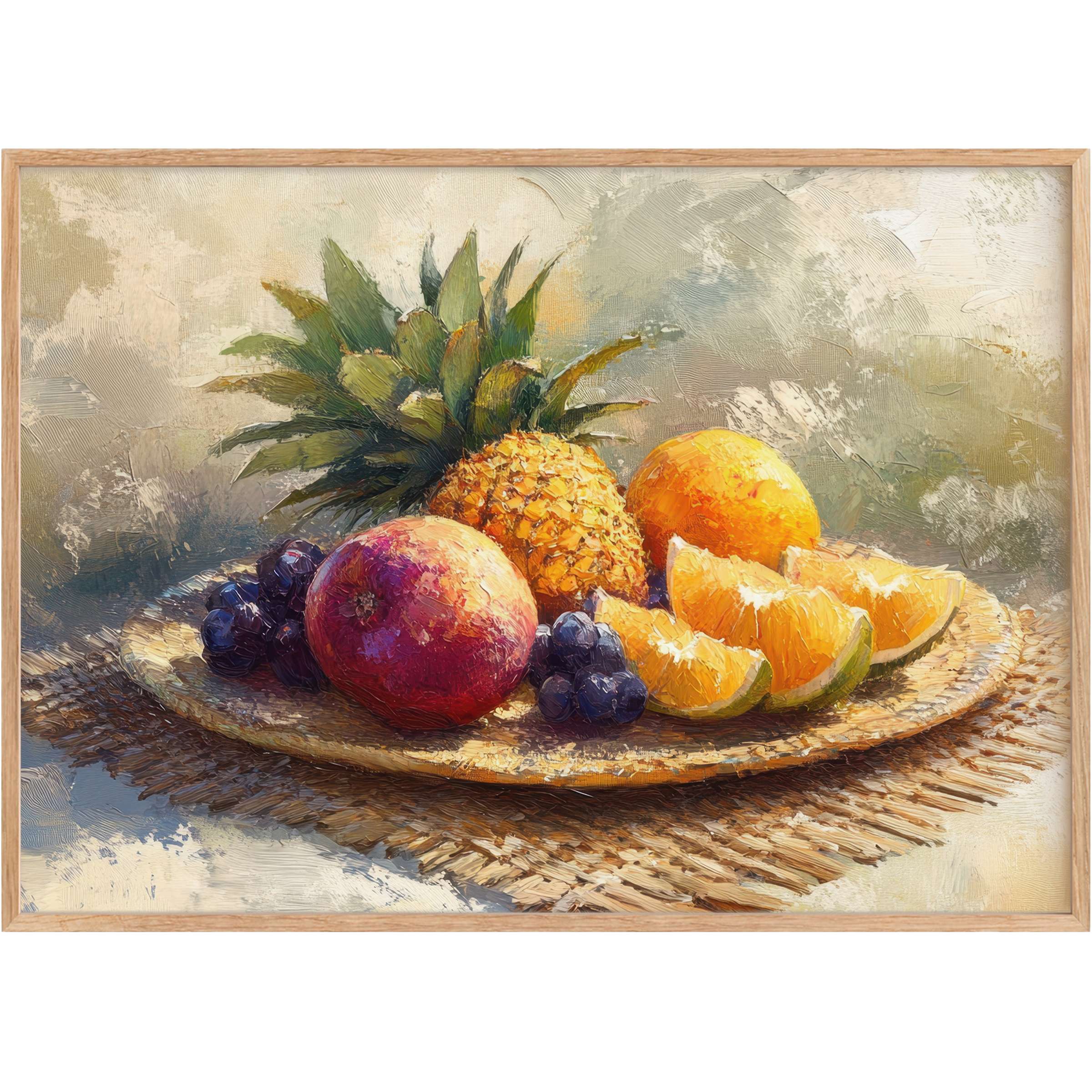 Vivid beach printable wall art featuring lush pineapple, pomegranate & citrus, radiating warm tropical vibrancy