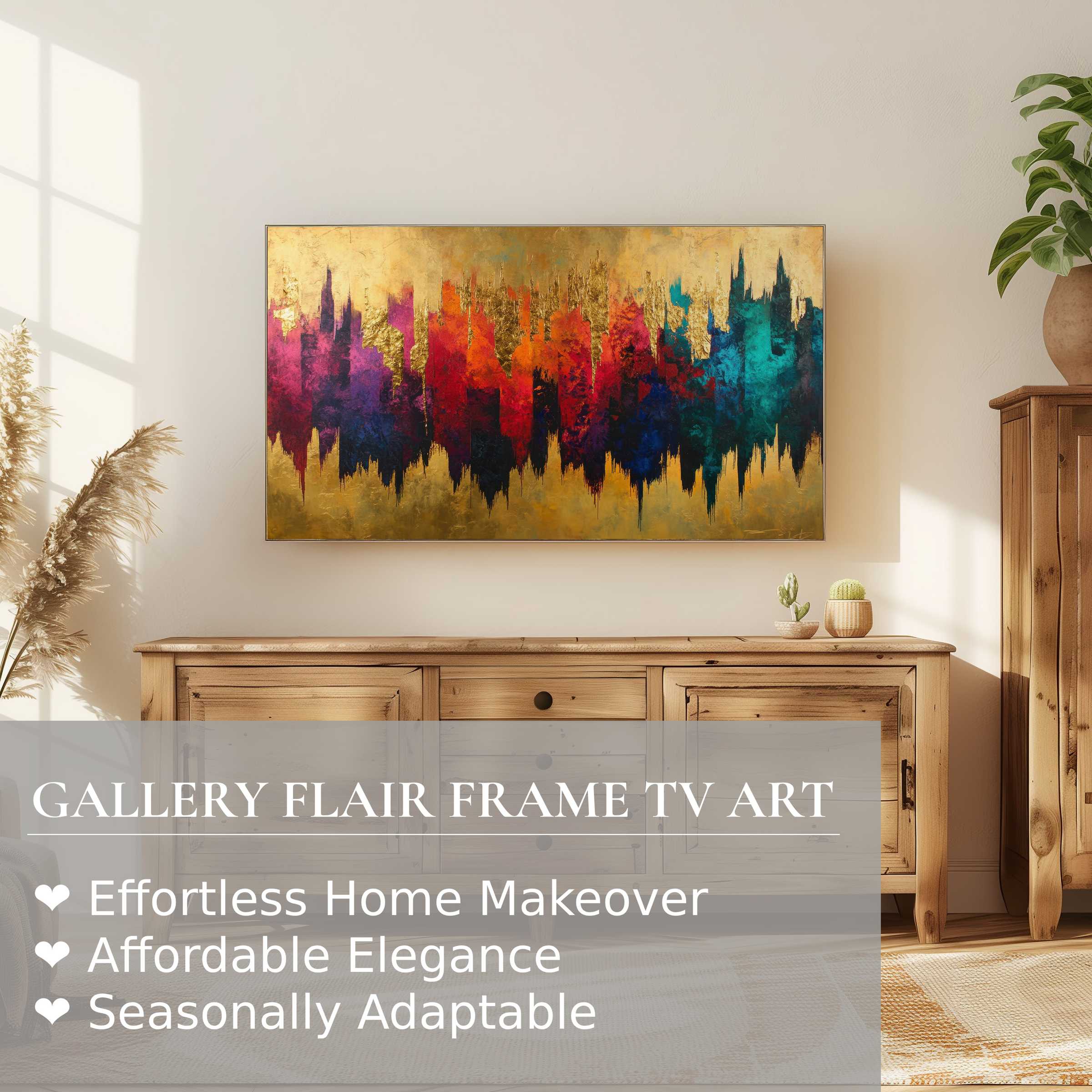 Samsung Frame TV displays vibrant abstract digital artwork with gold, red, blue hues in a chic minimalist living space