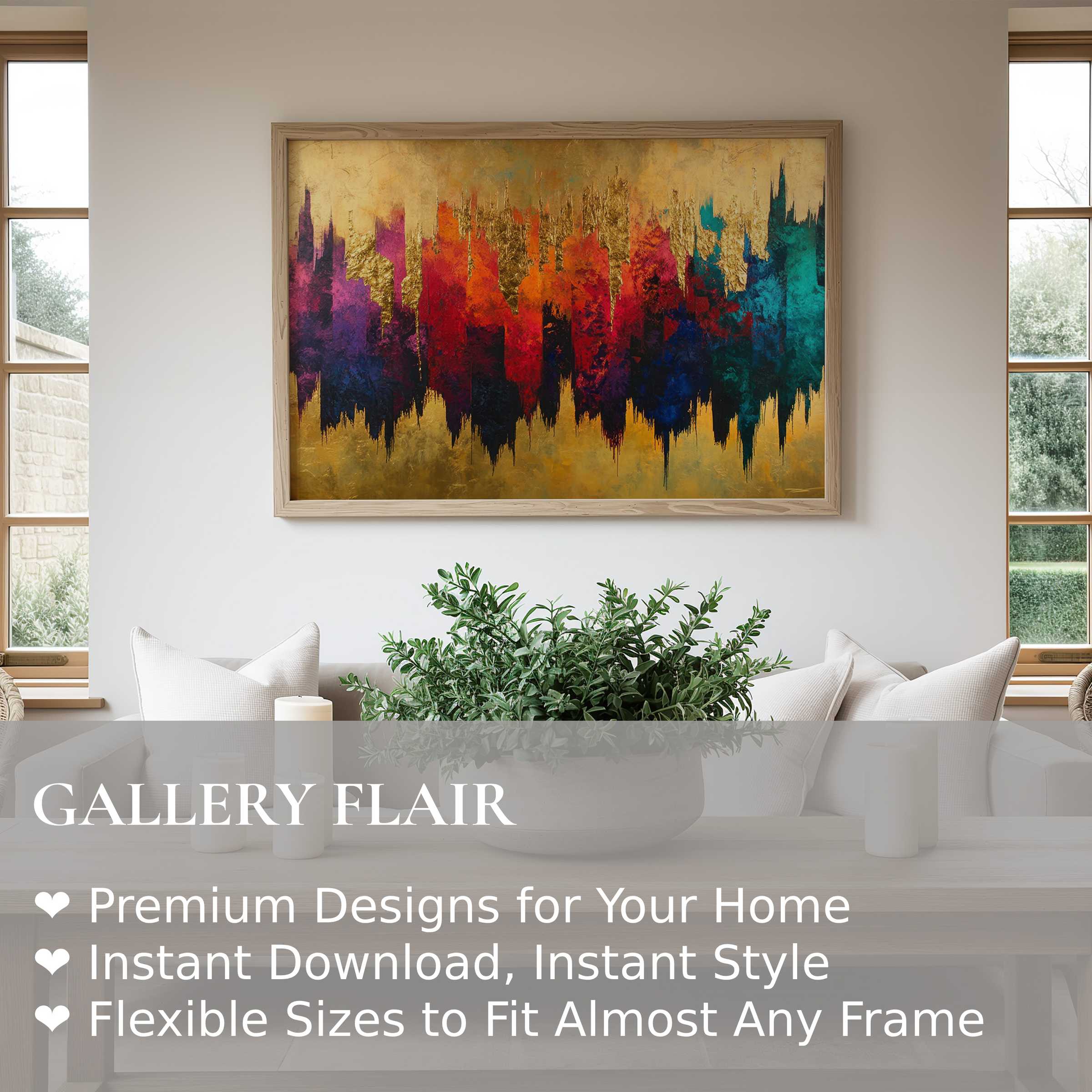 Vibrant abstract wall art print in radiant gold, red, and blue tones, enriching a modern minimalist living room with bold, dynamic elegance