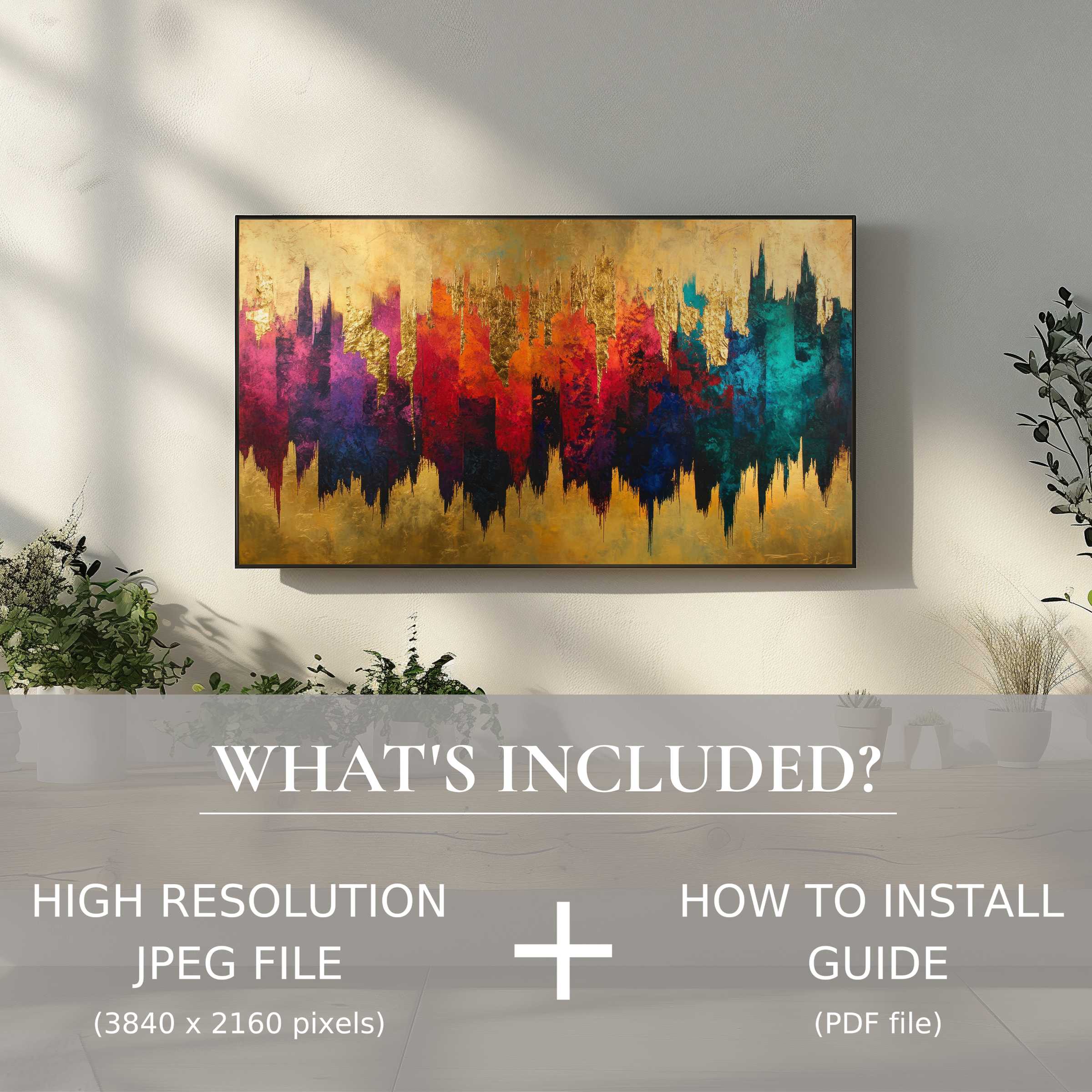 Elegant living room with vibrant abstract digital TV art download, easy use, enriching your modern decor space