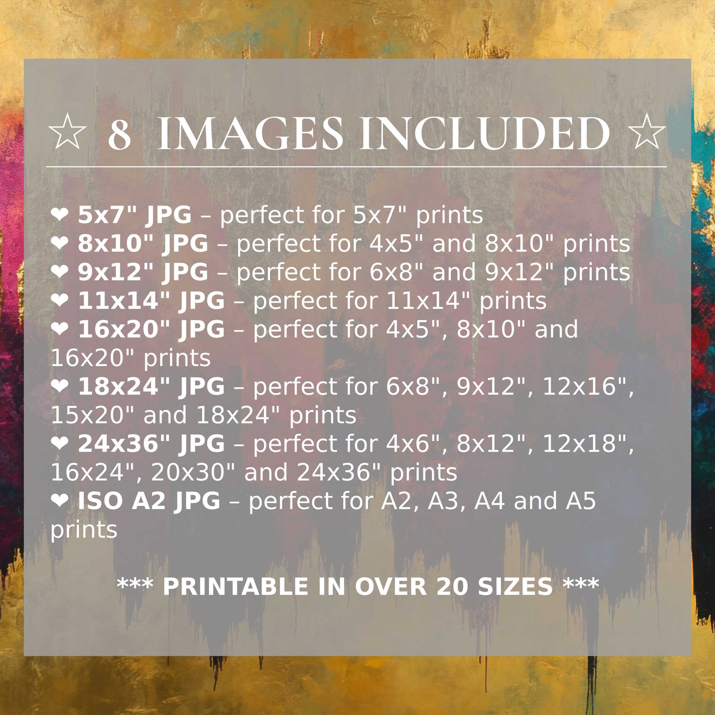 Radiant abstract digital print in gold, teal, and magenta hues, offered in 8 high-quality sizes to elevate modern interiors