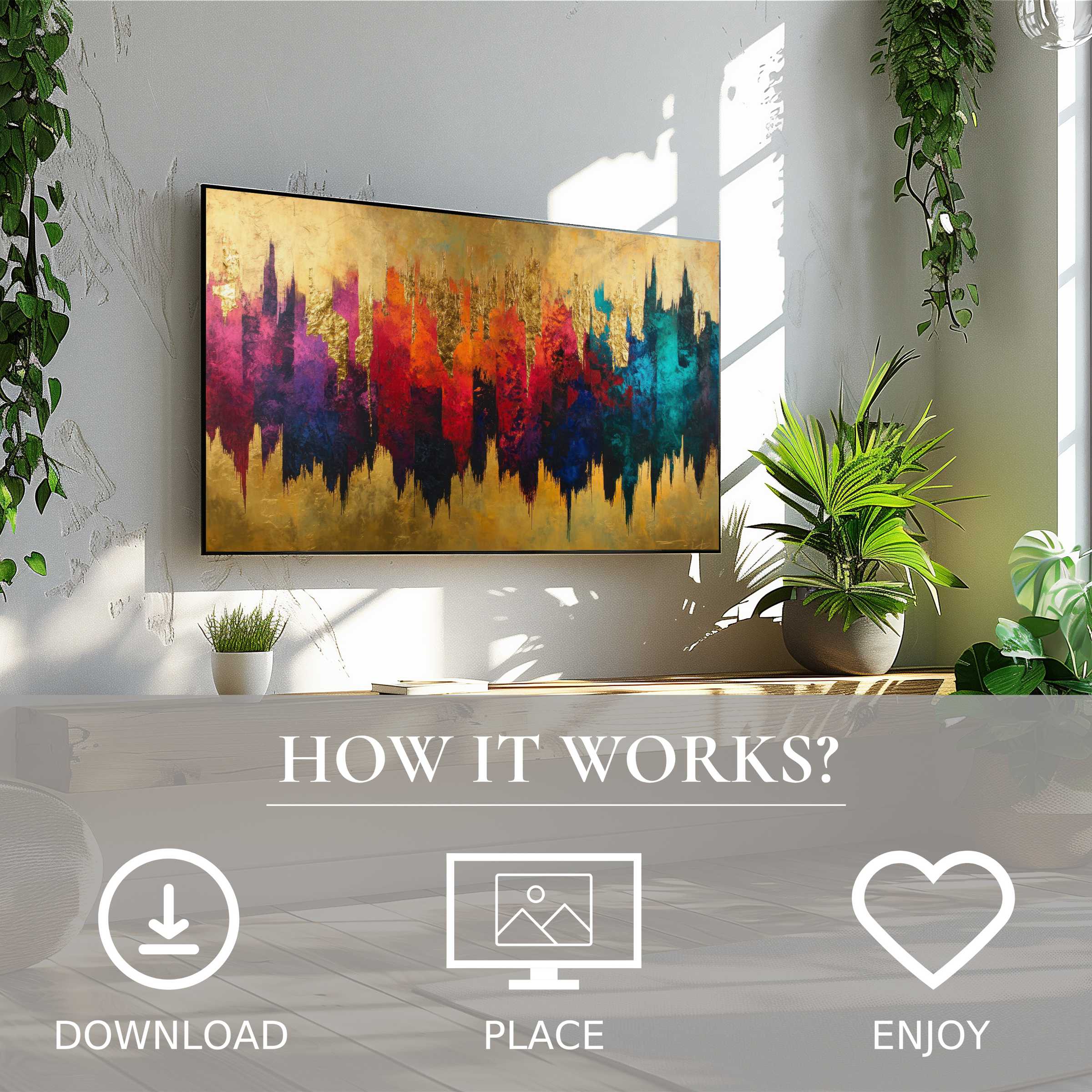 Modern living room with abstract art for Samsung TV showing vibrant color flow, easy digital download, enriches space