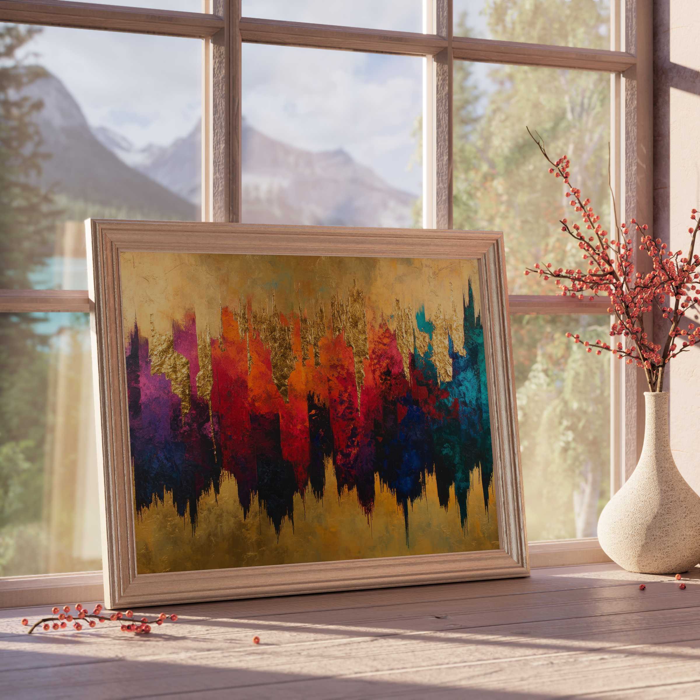 Abstract downloadable art radiates vibrant warmth and depth, enriching modern interiors with dynamic color and luxe texture, perfect for curated, tranquil living spaces