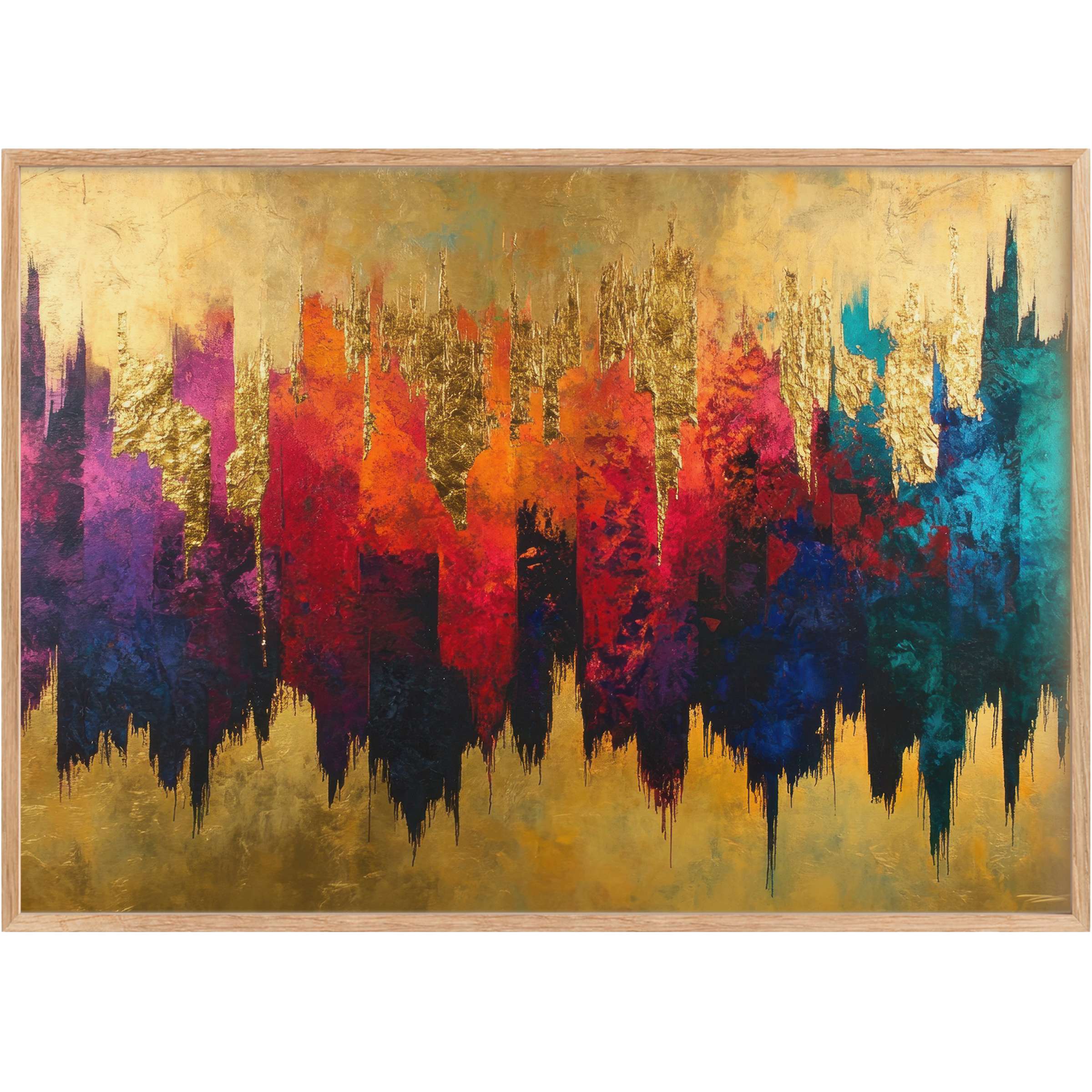 Vibrant abstract printable wall art with rich gold, fiery reds, deep blues, and purples, evoking a bold, radiant energy