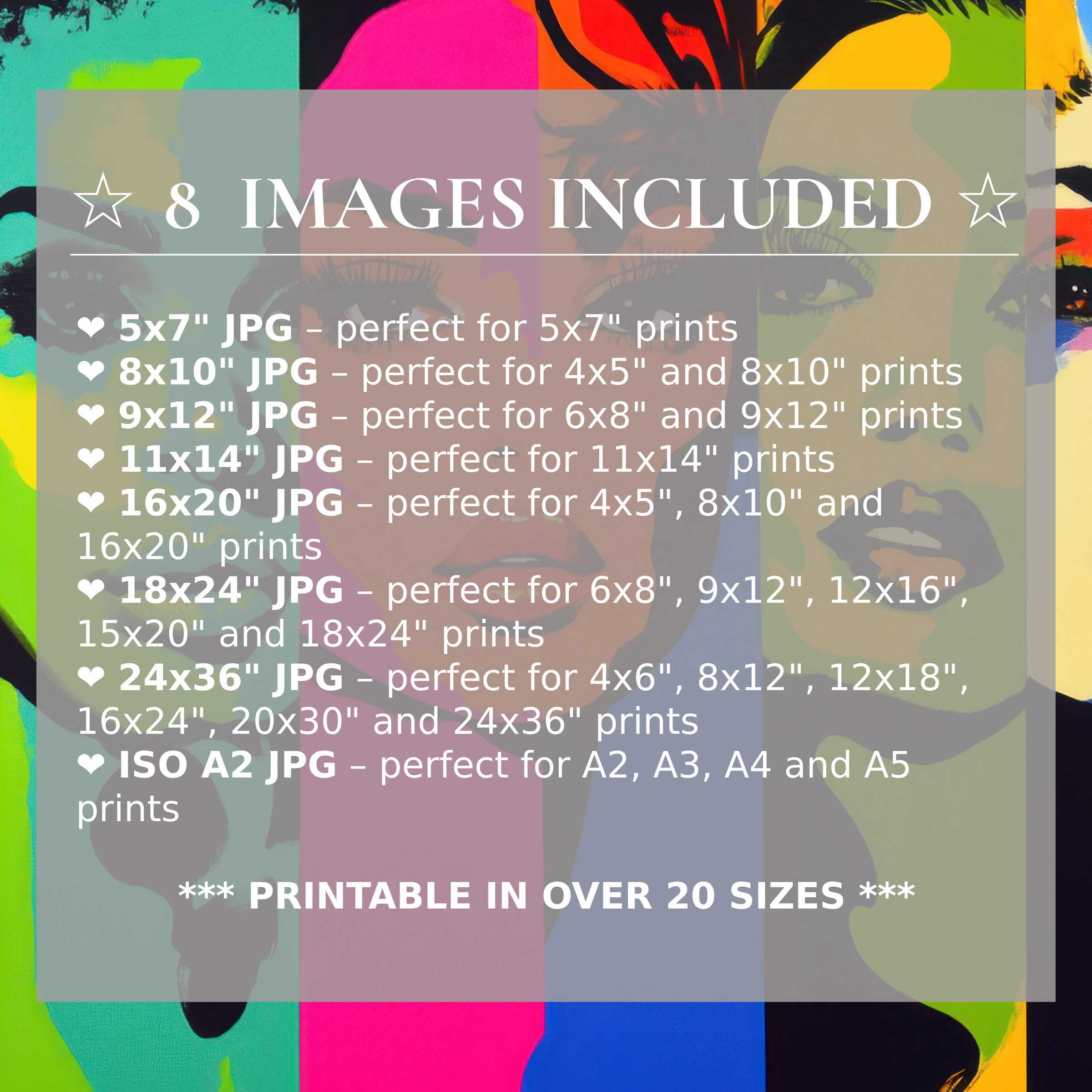 Pop art digital print with radiant turquoise, vivid magenta, and bold orange hues, offered in 8 high-quality sizes included-perfect to elevate contemporary interiors with timeless style and versatile elegance