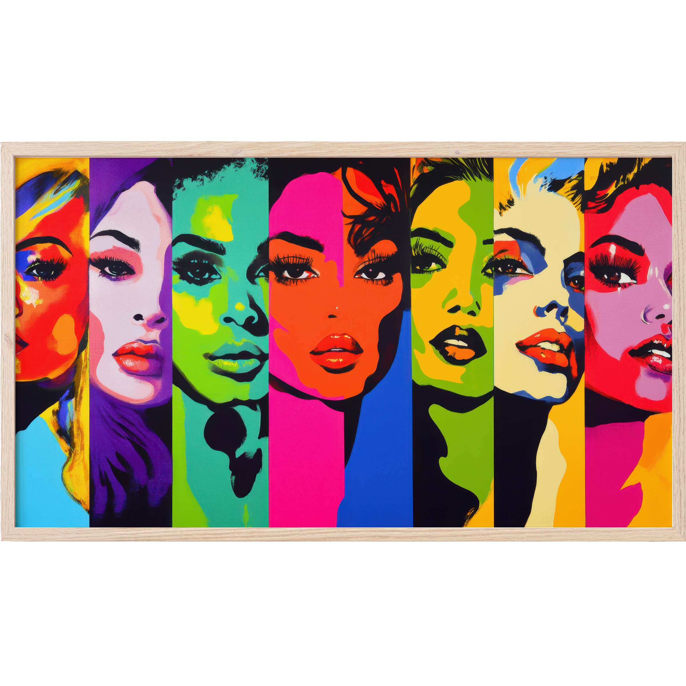 Vibrant pop art Frame TV Art featuring seven bold, colorful female portraits in sleek, modern style