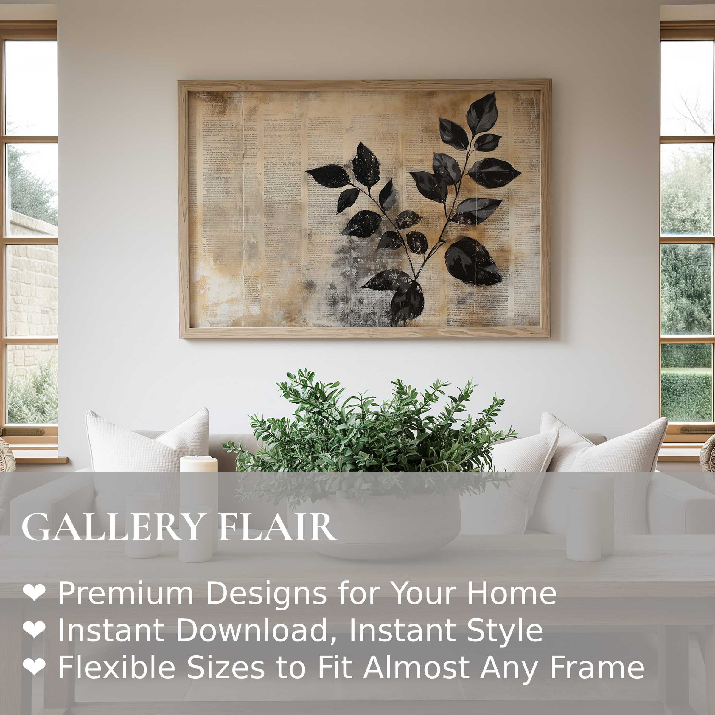 Botanical wall art print featuring bold black leaves on vintage text background, enhancing serene modern rustic interiors with timeless elegance