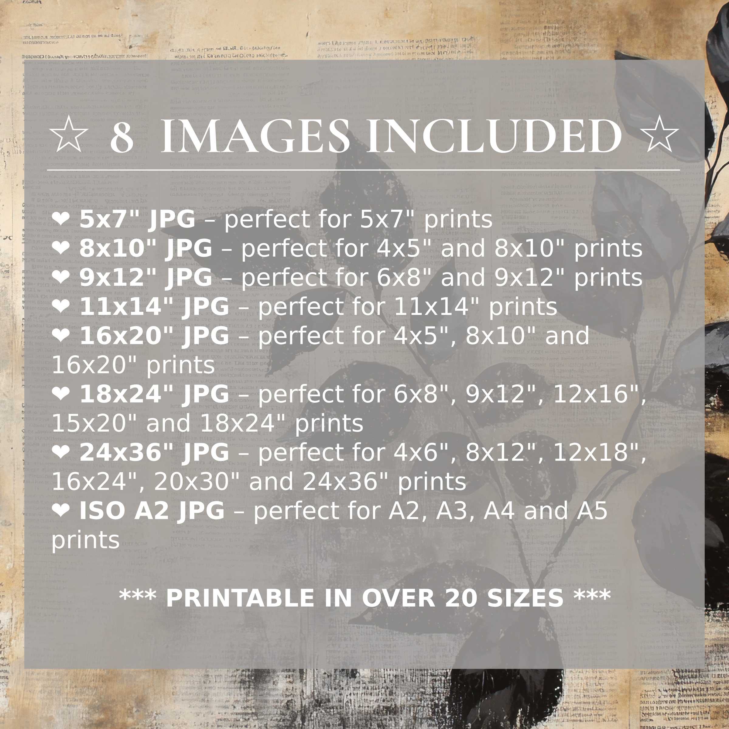 Botanical digital print in deep ebony and warm beige tones, offering radiant calm and versatile elegance in 8 high-res sizes