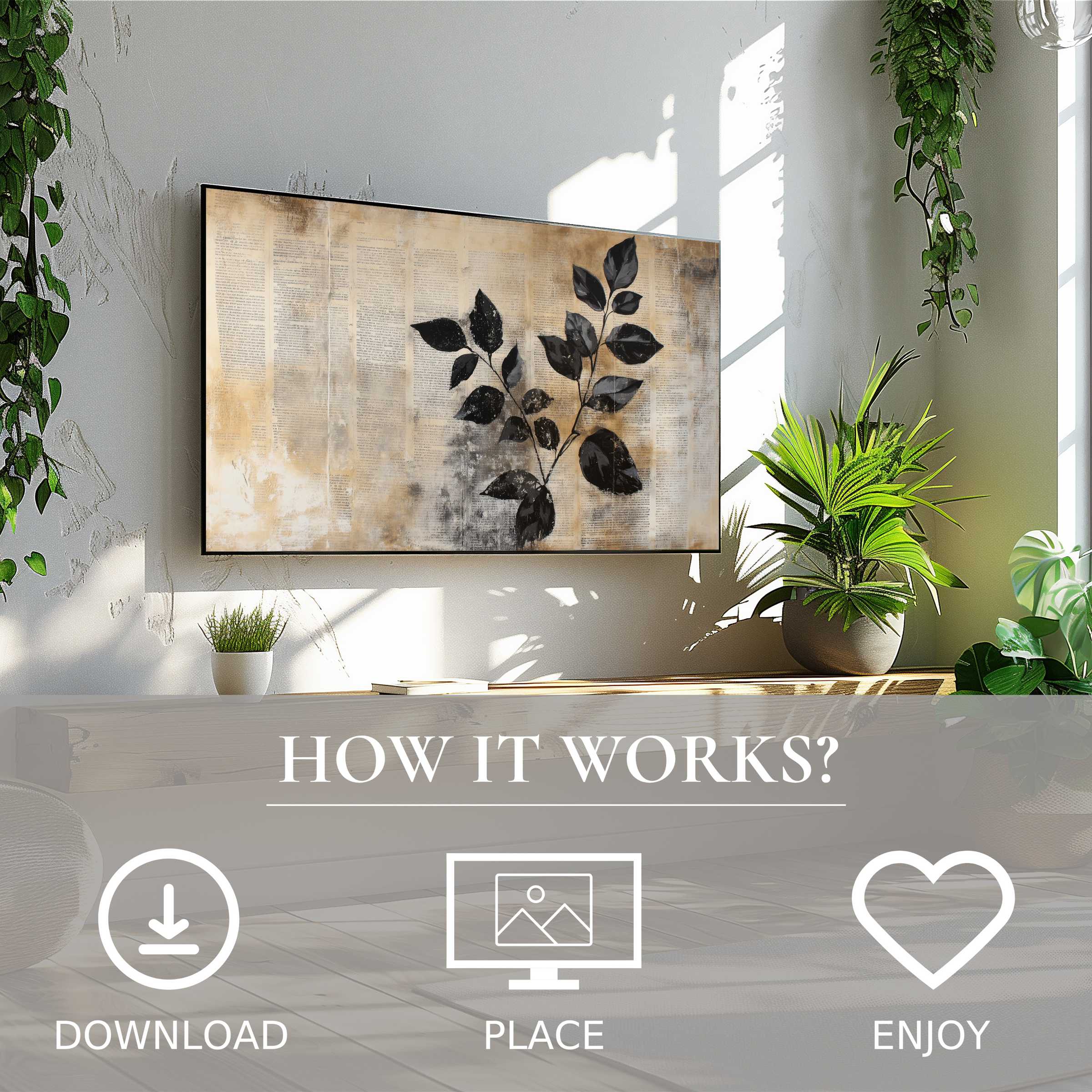 Botanical art for Samsung TV showing soft beige tones and black leaf motif, easy digital download enriches modern living spaces