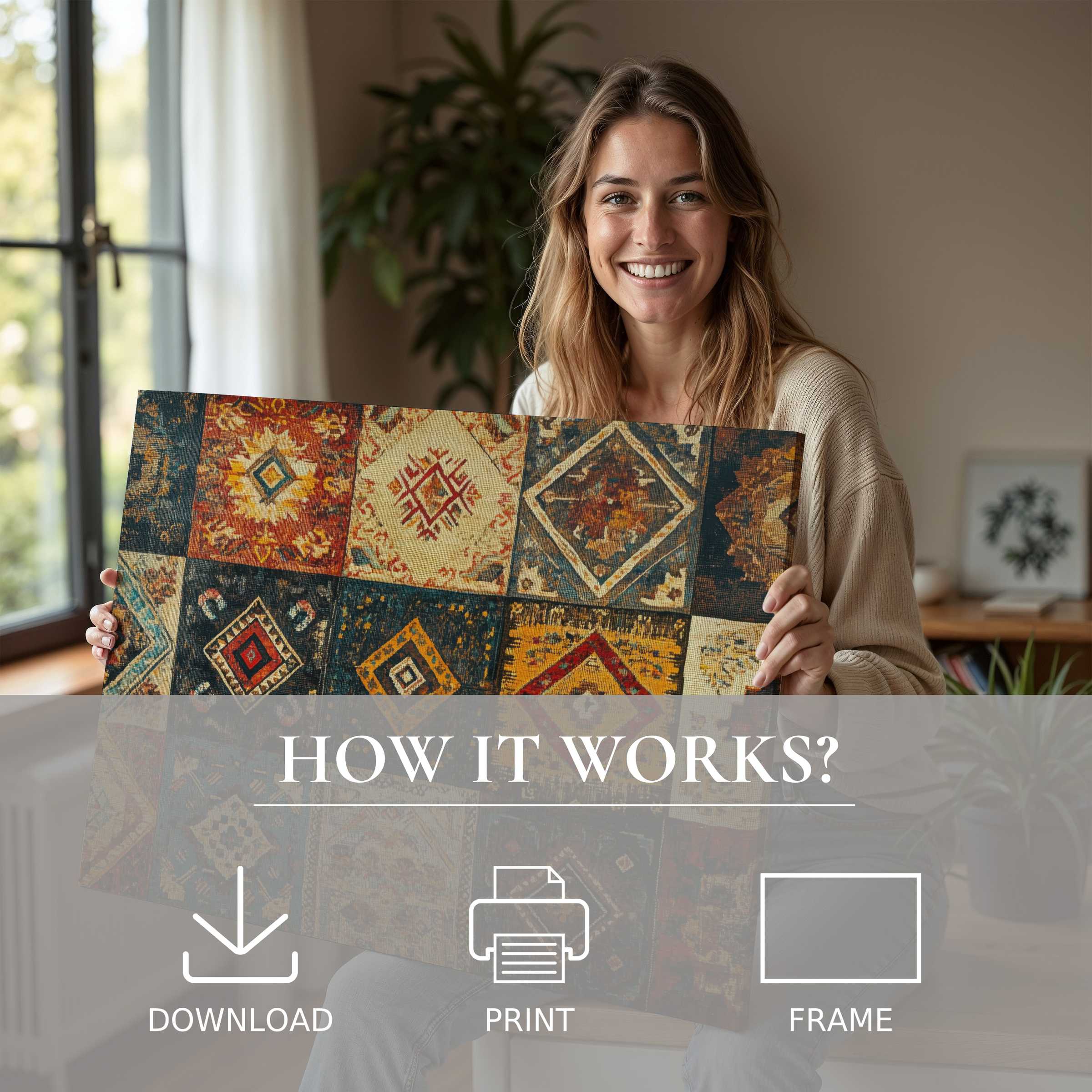 Refined boho digital art print inspires joy and connection in a modern home, seamlessly bringing warmth and soul to decor