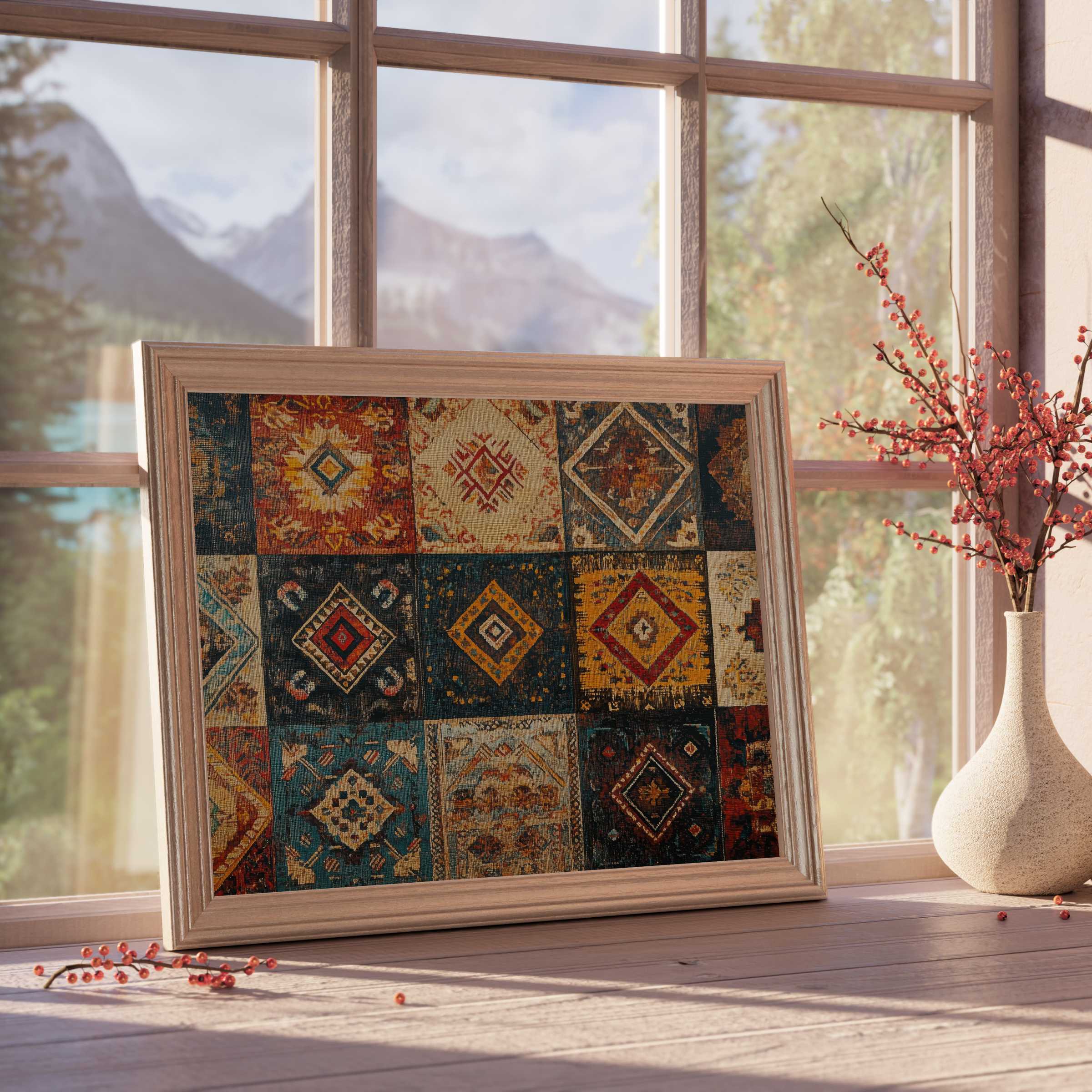 Boho downloadable art with rich tribal motifs, evoking warm, curated elegance in tranquil, design-forward living spaces