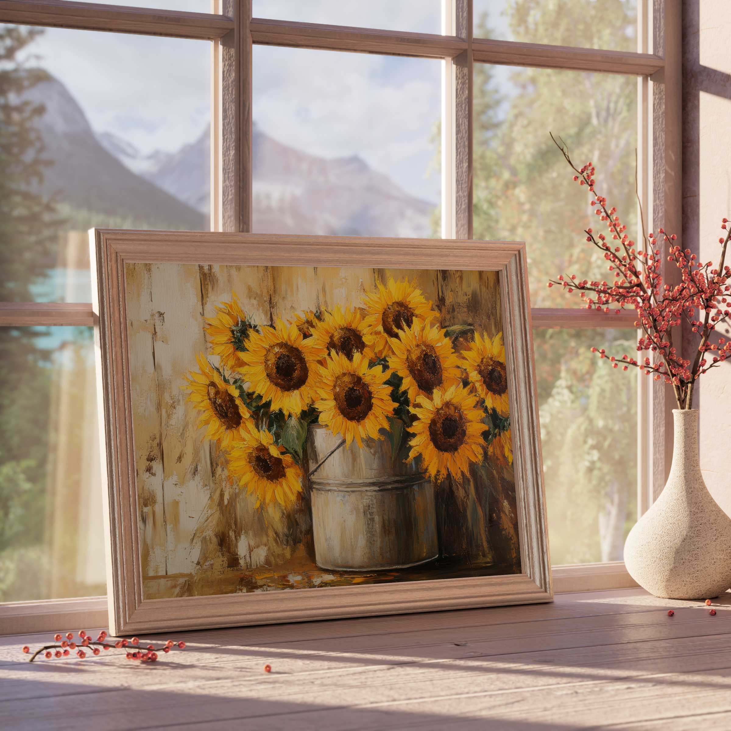 Radiant floral downloadable art capturing vibrant sunflowers in rustic charm, infusing curated interiors with warm, serene elegance