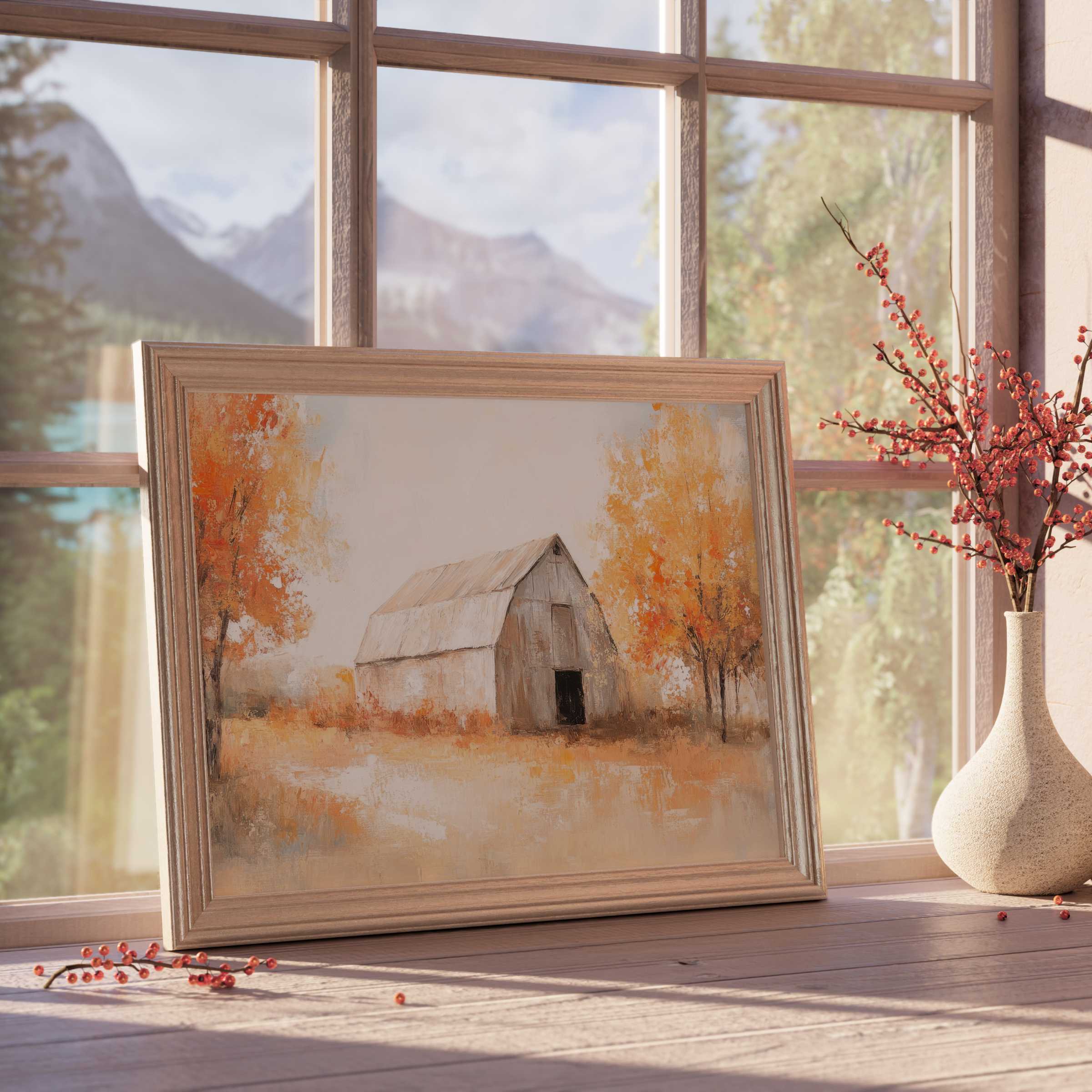Farmhouse downloadable art radiates warm autumn hues, inviting calm and timeless elegance into curated modern interiors