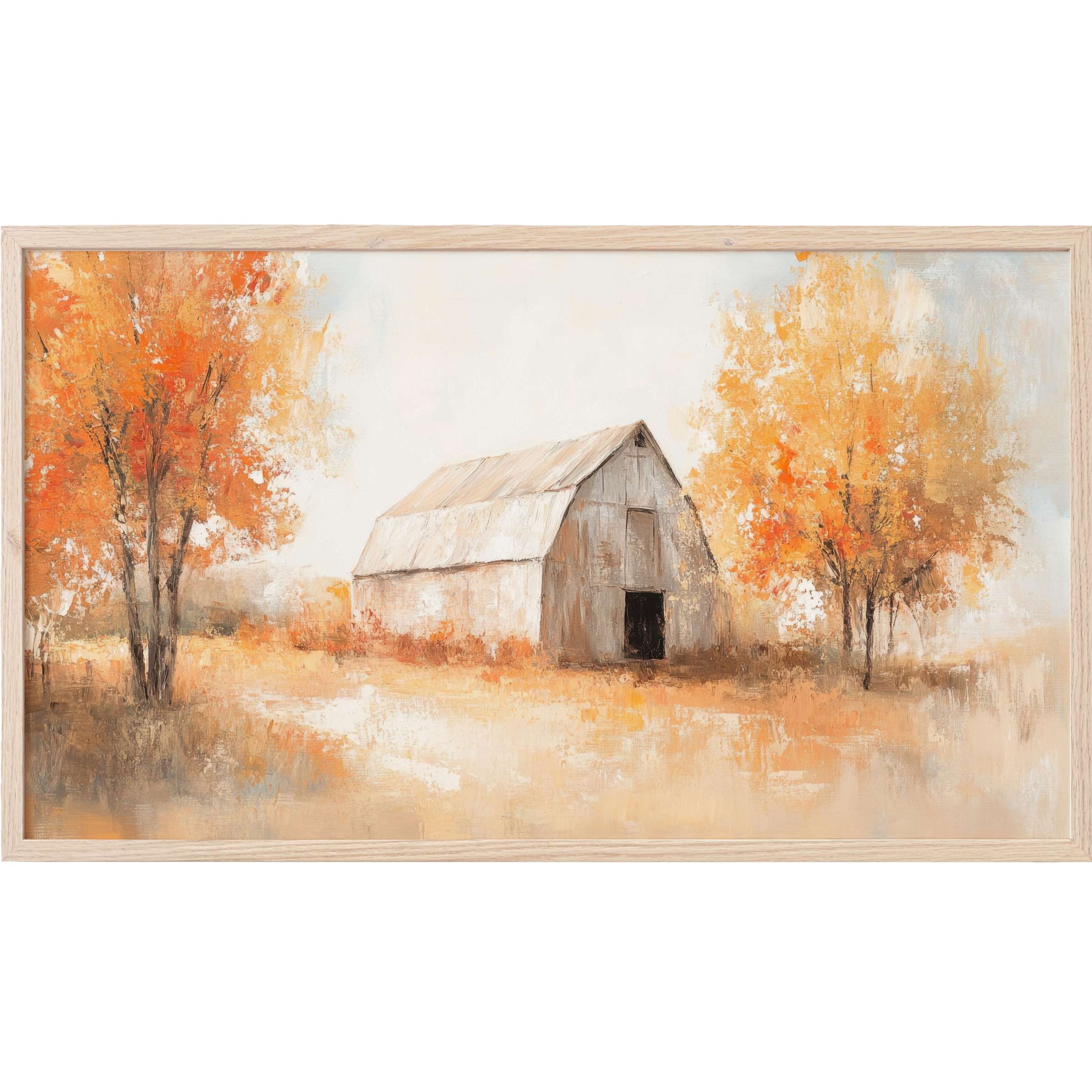 Farmhouse Frame TV Art featuring a rustic barn in warm autumn tones with soft brushstrokes and muted neutrals