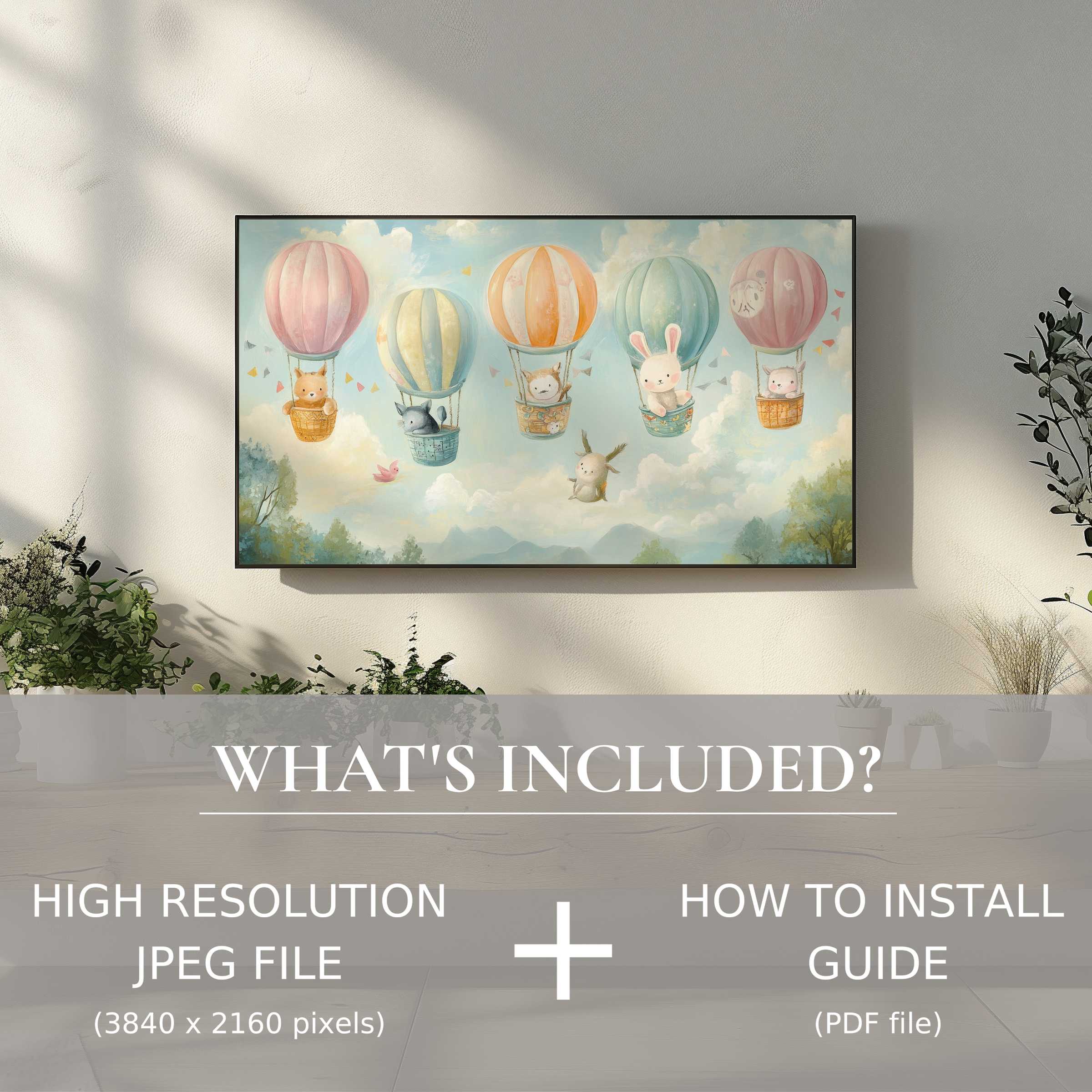 Stylish nursery digital TV art download with whimsical hot air balloons, easy digital use, enhances serene modern living spaces