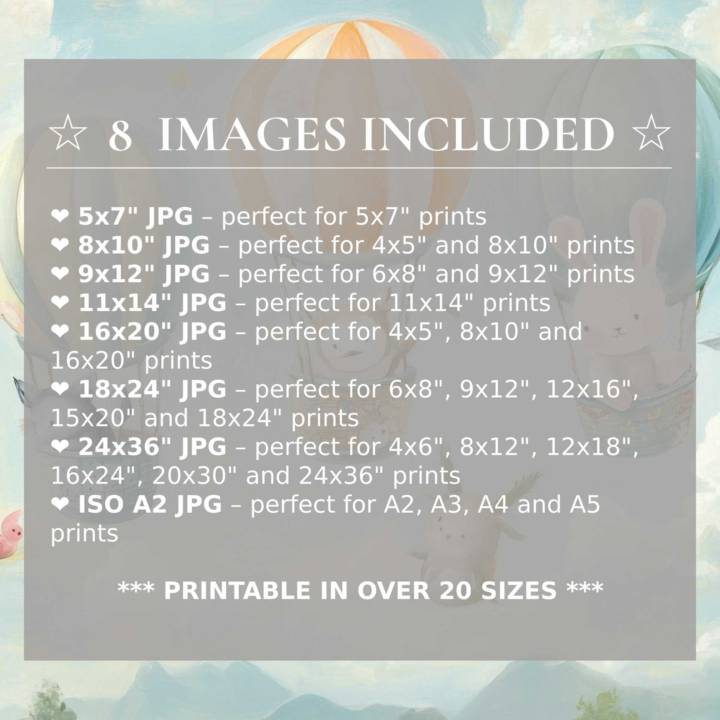 Radiant nursery digital print in soft pastel hues, featuring whimsical animals and balloons, includes 8 high-quality sizes to elevate modern interiors with effortless style and versatile charm