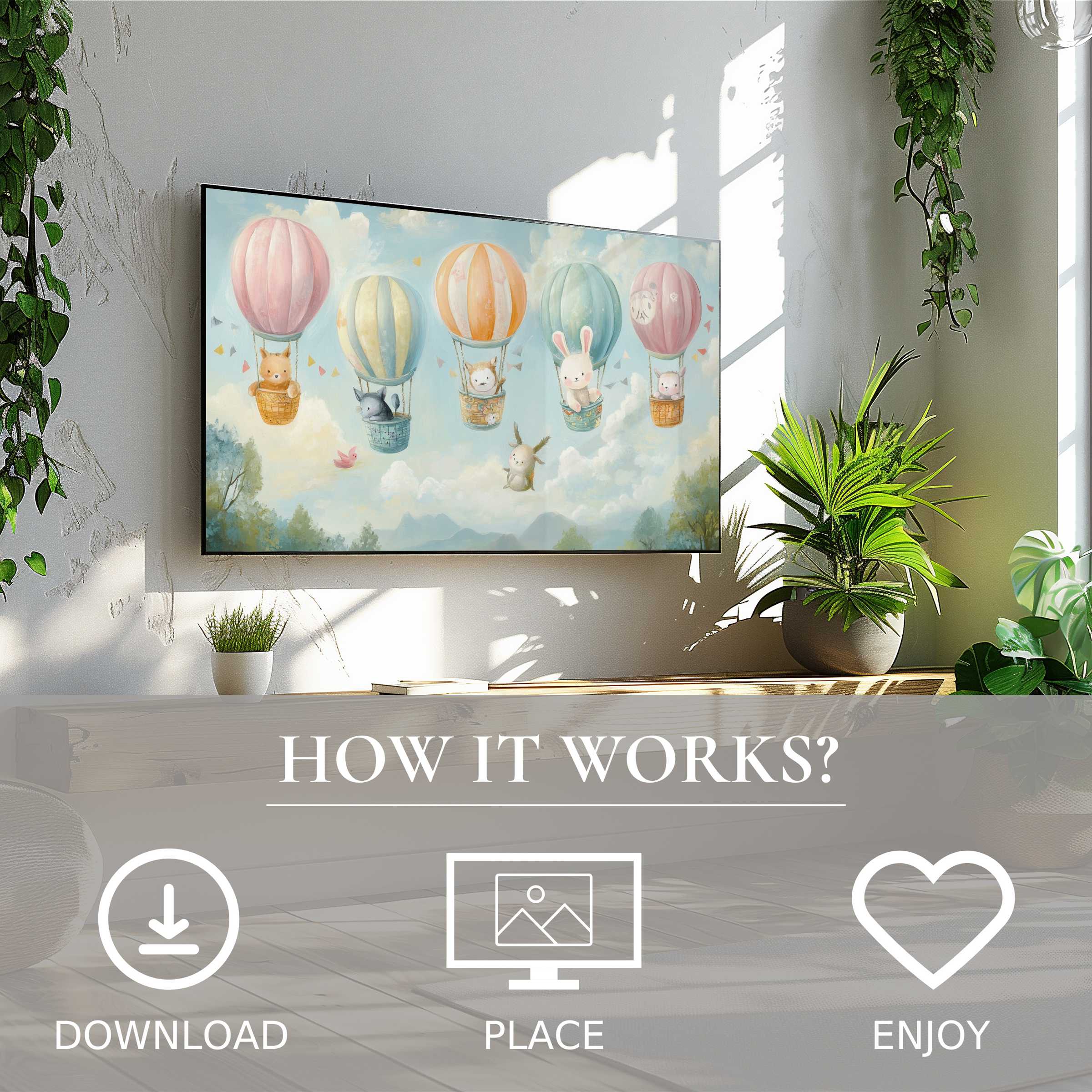 Nursery art for Samsung TV shows pastel hot air balloons with animals, easy digital download enriches modern nursery space