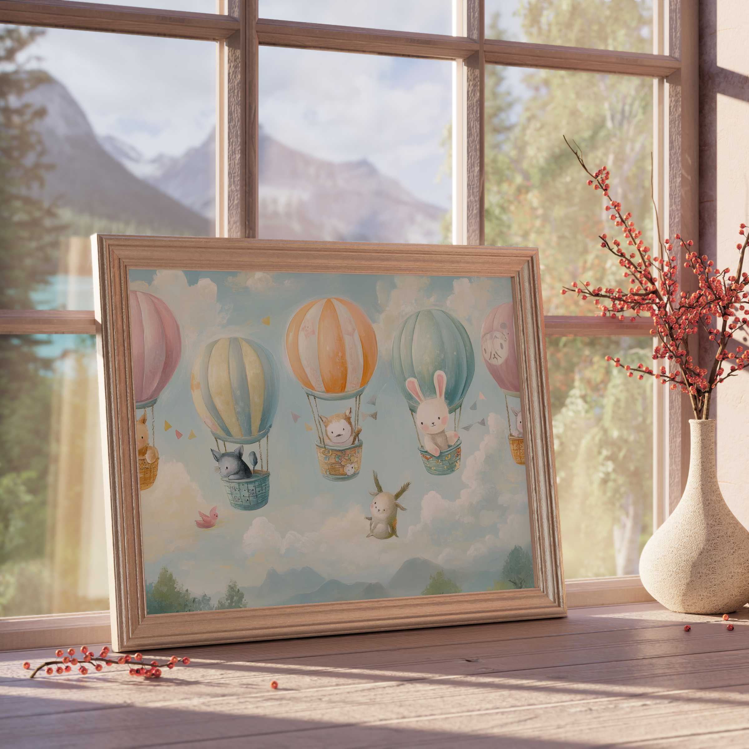 Nursery downloadable art featuring whimsical hot air balloons and soft pastel woodland animals, evoking serene, curated spaces
