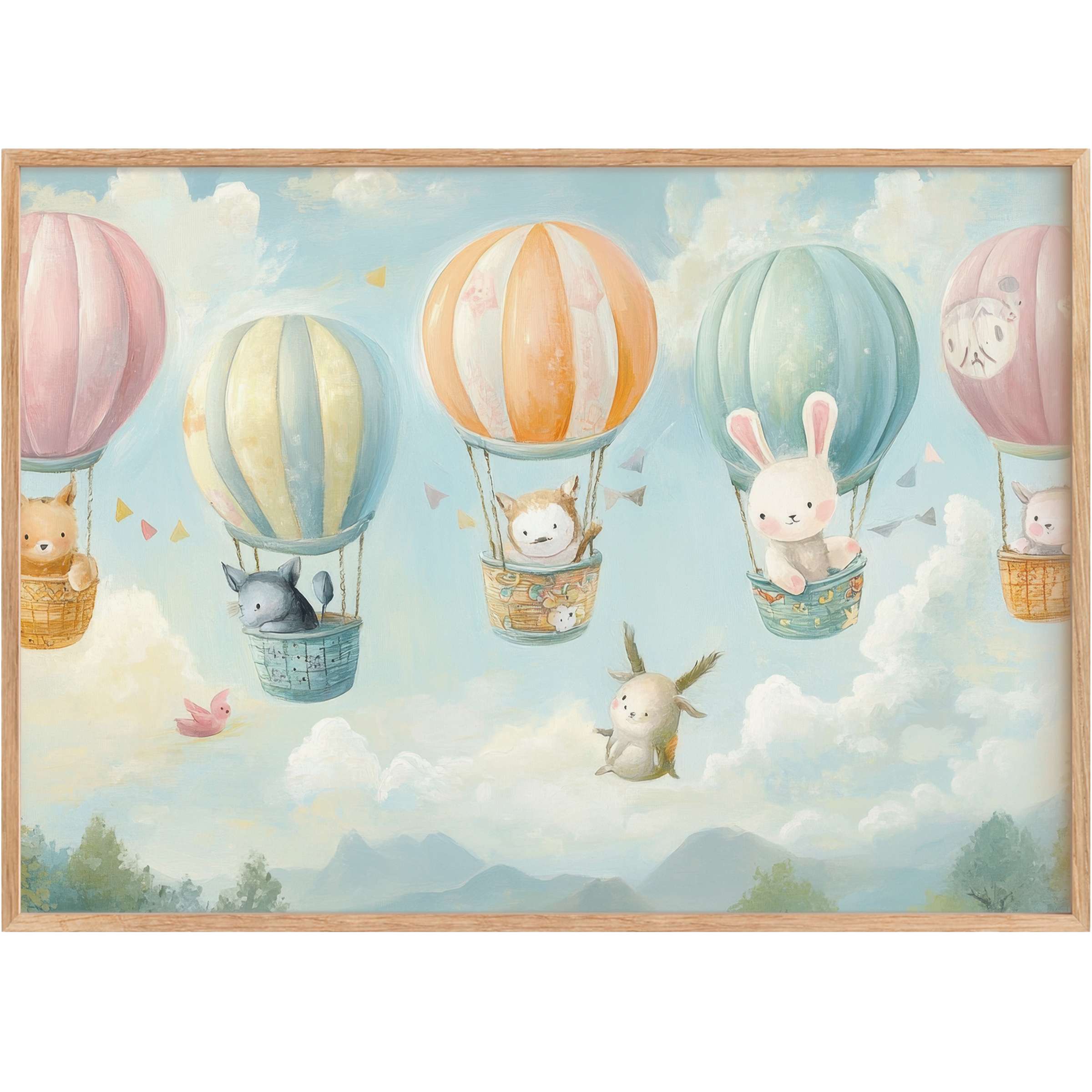 Whimsical pastel nursery printable wall art featuring gentle animals sailing serene sky-blue balloons, evoking calm and joyful wonder