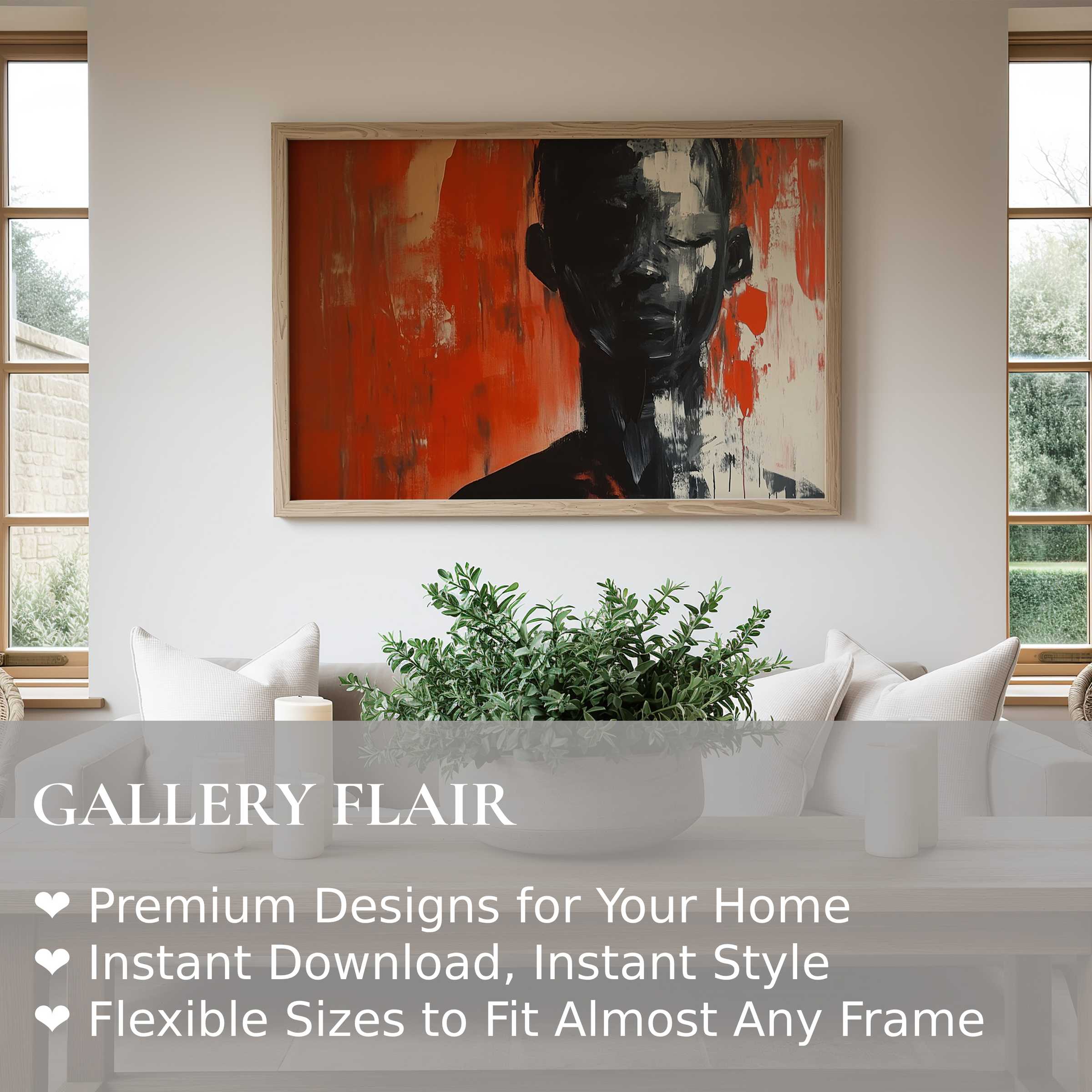 Modern wall art print featuring a bold, abstract portrait in fiery reds and deep blacks, enriching a minimalist living space with dramatic, contemporary gallery flair