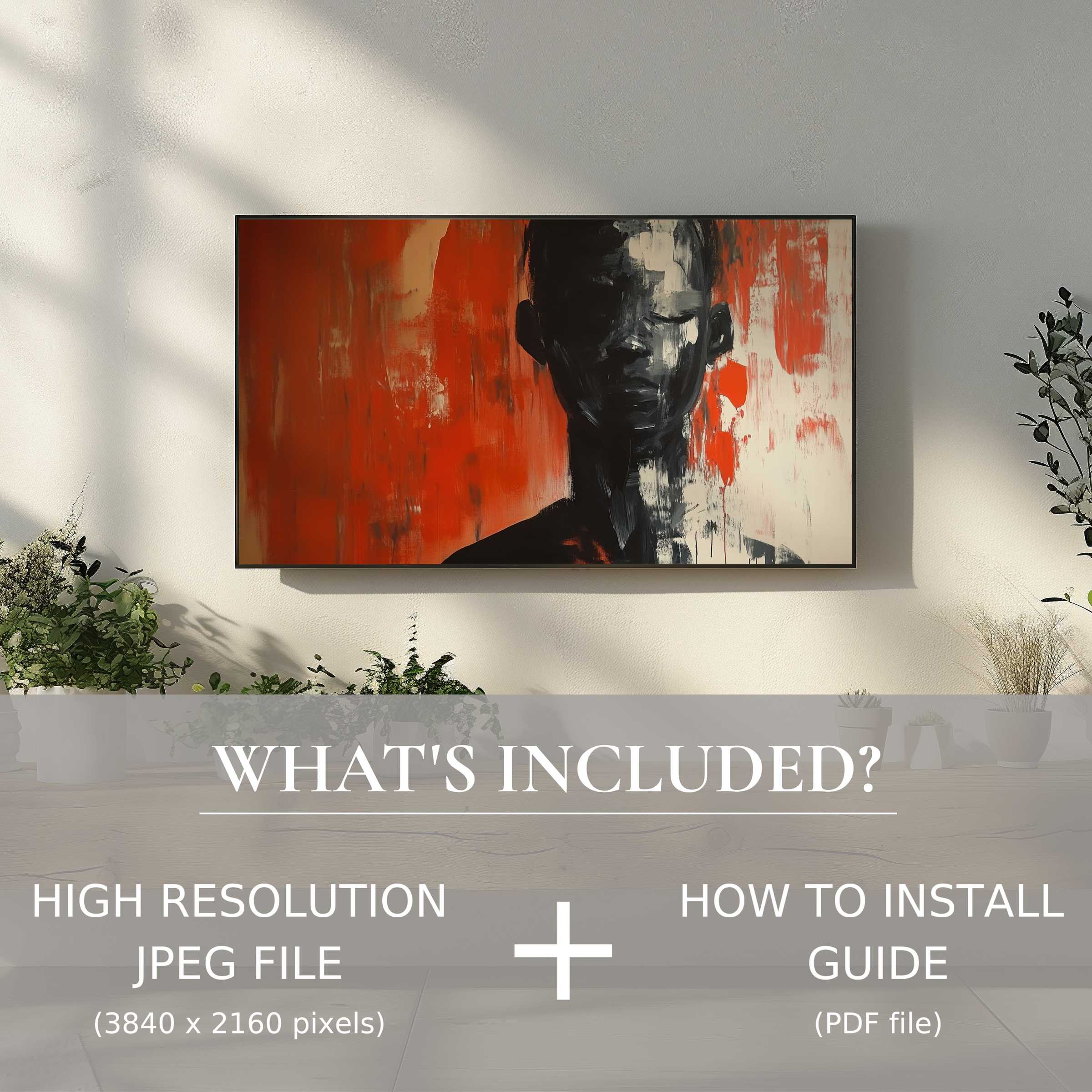 Modern digital TV art download showcasing bold abstract portrait elevates minimalist living spaces with effortless digital style