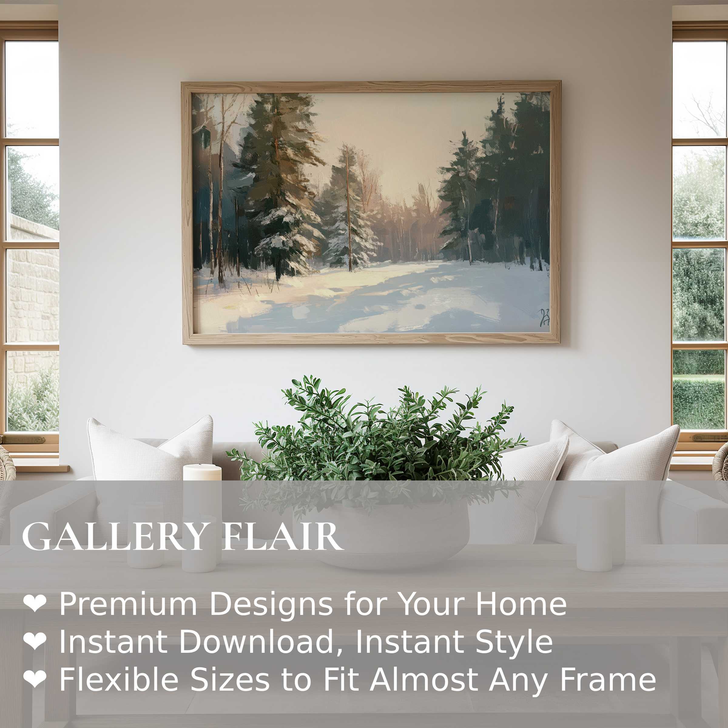 Winter wall art print capturing a serene snow-covered forest bathed in soft light, enhancing modern Scandinavian interiors with calming elegance