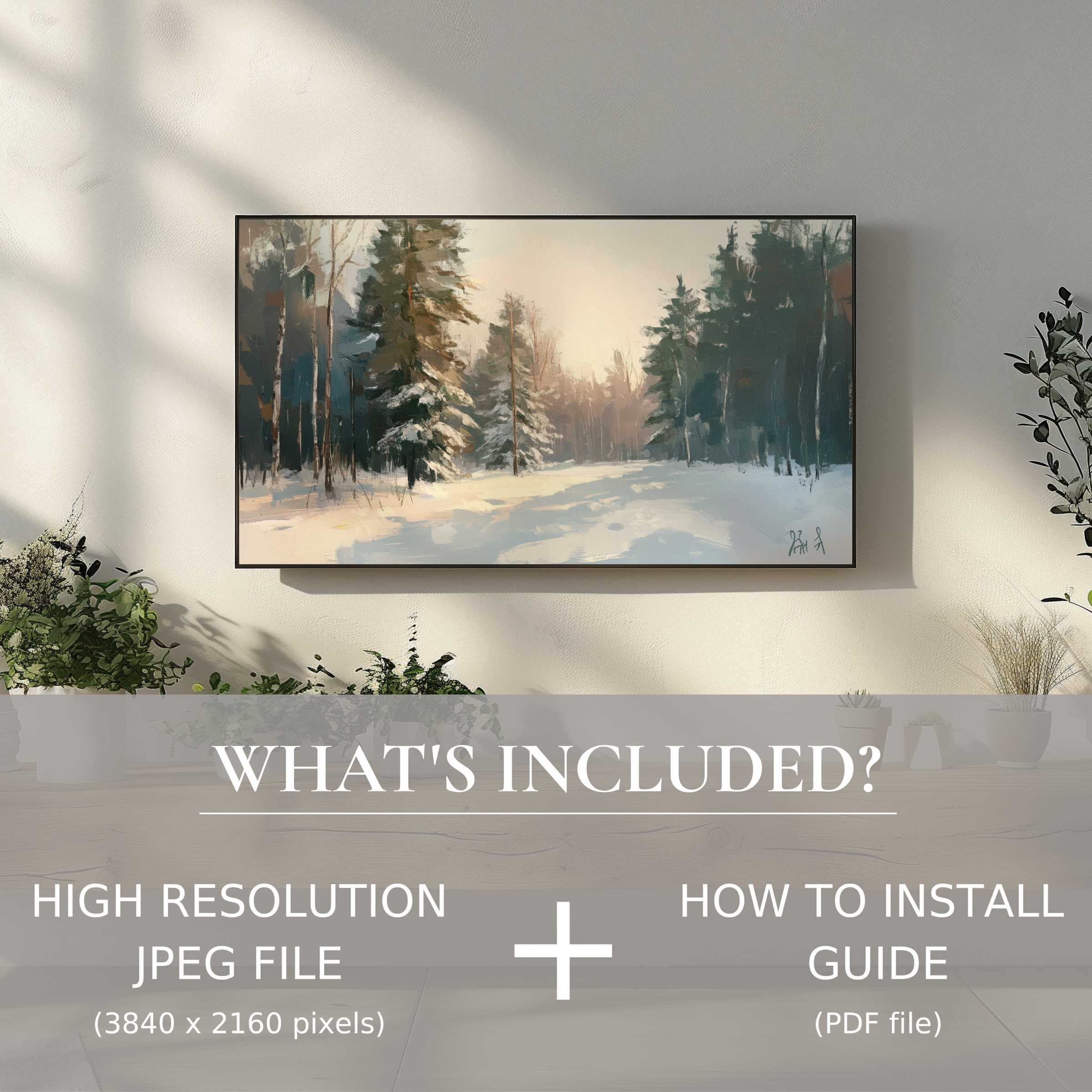 Winter digital TV art download showcasing a serene snowy forest, enhancing modern living with easy digital use