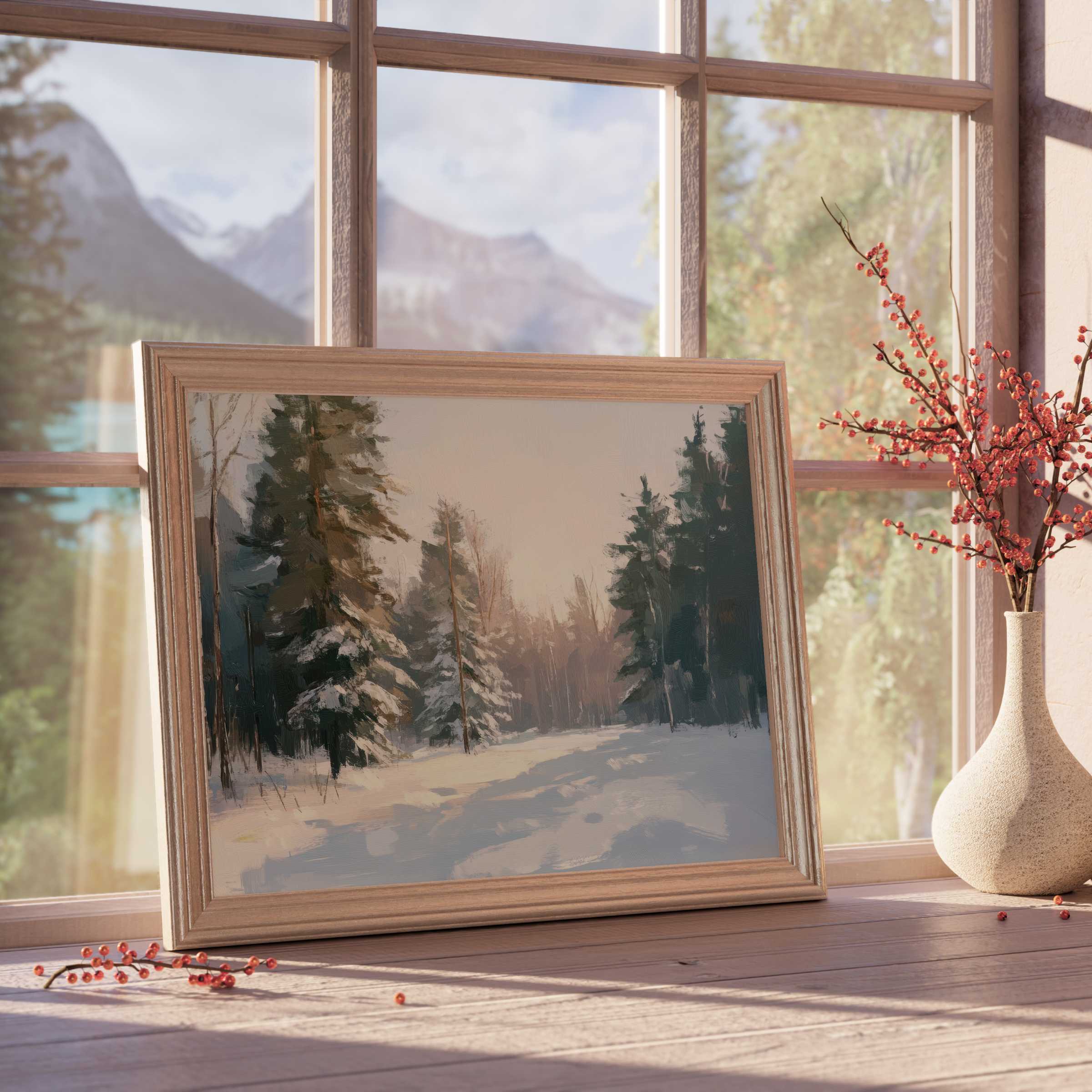 Winter downloadable art capturing a serene snow-laden forest path, elevating tranquil, curated interiors with warm natural light