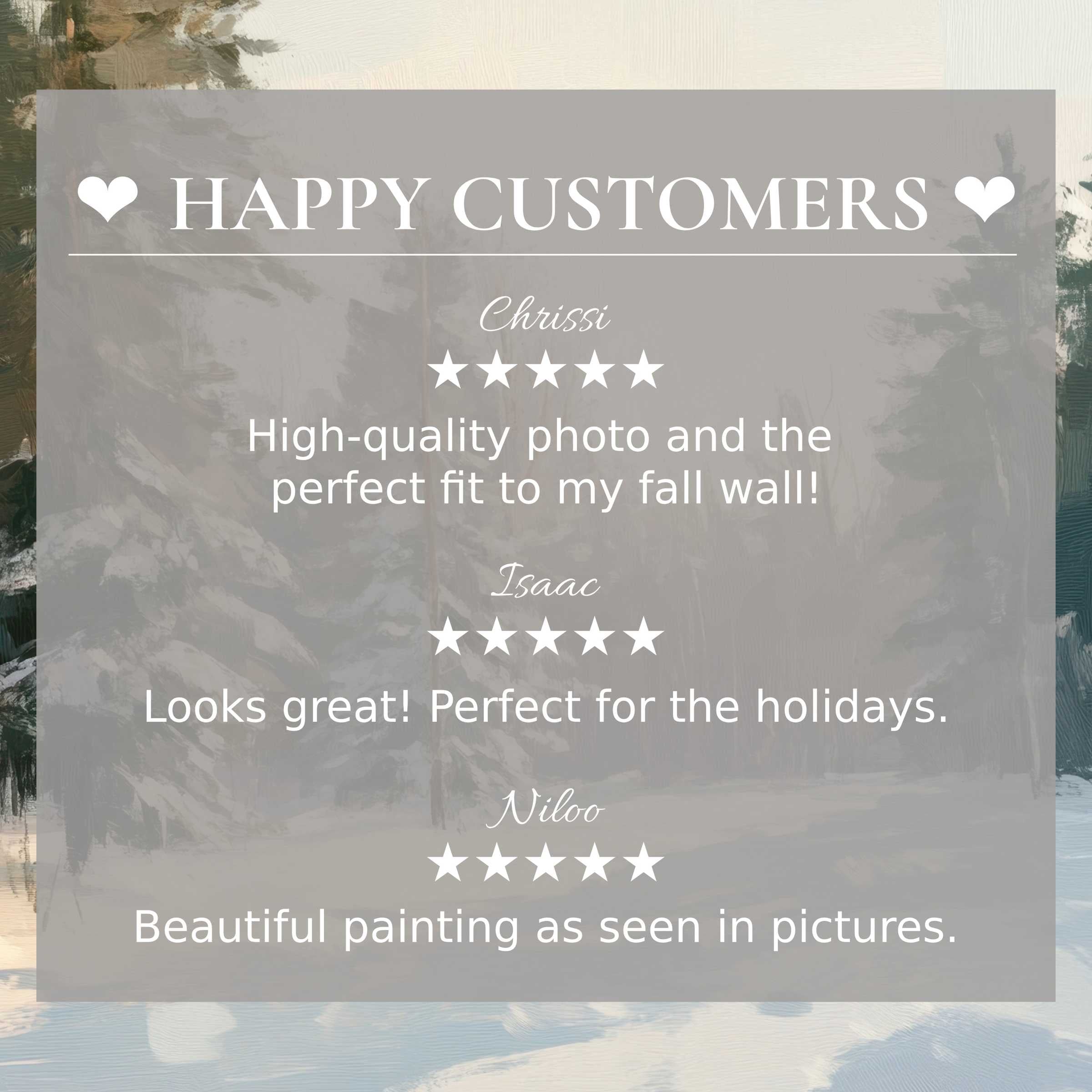 Winter art for Frame TV with serene forest background, highlighting happy customer reviews and elegant style