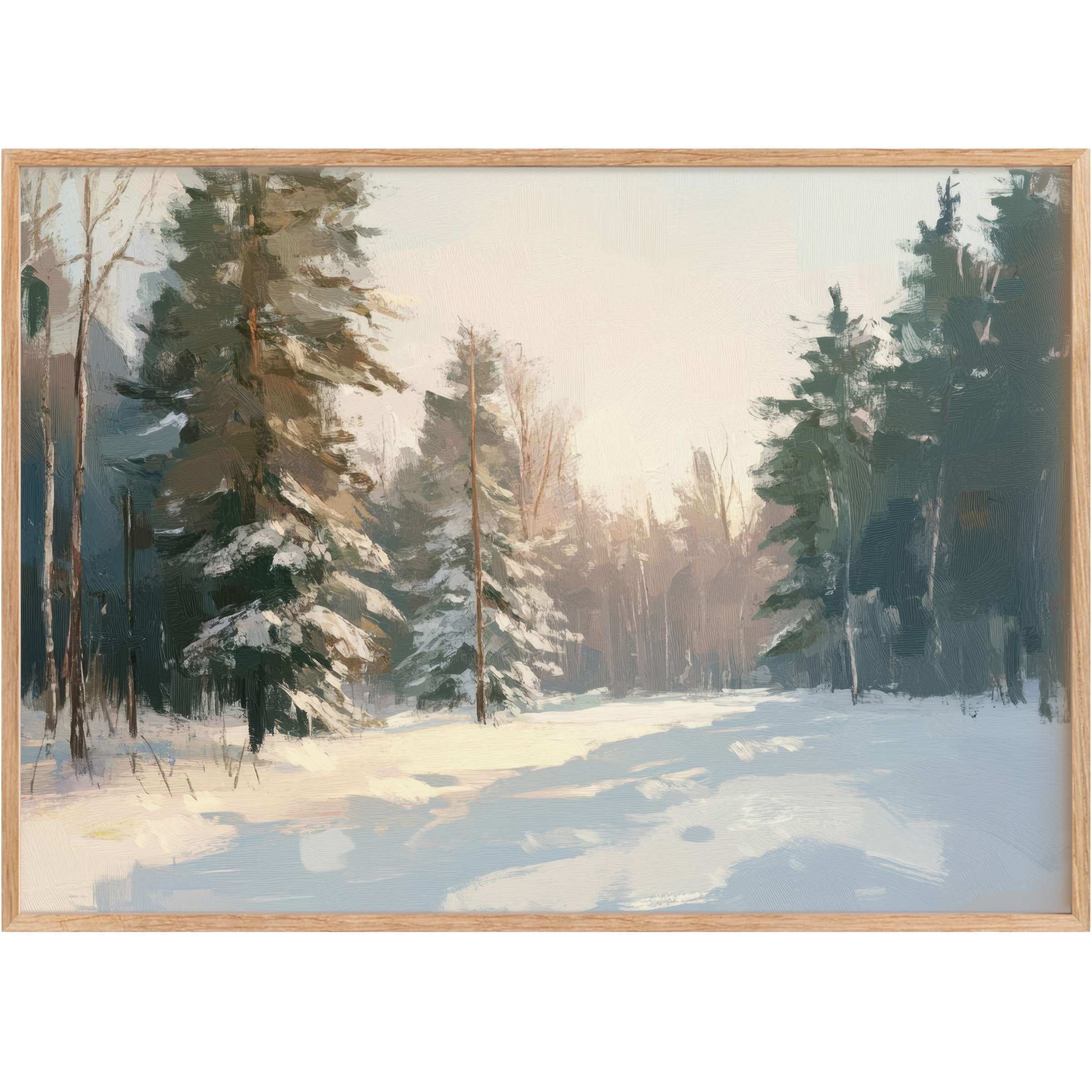 Winter printable wall art depicting serene snow-dusted evergreens bathed in soft, golden light for a calming, elegant ambiance