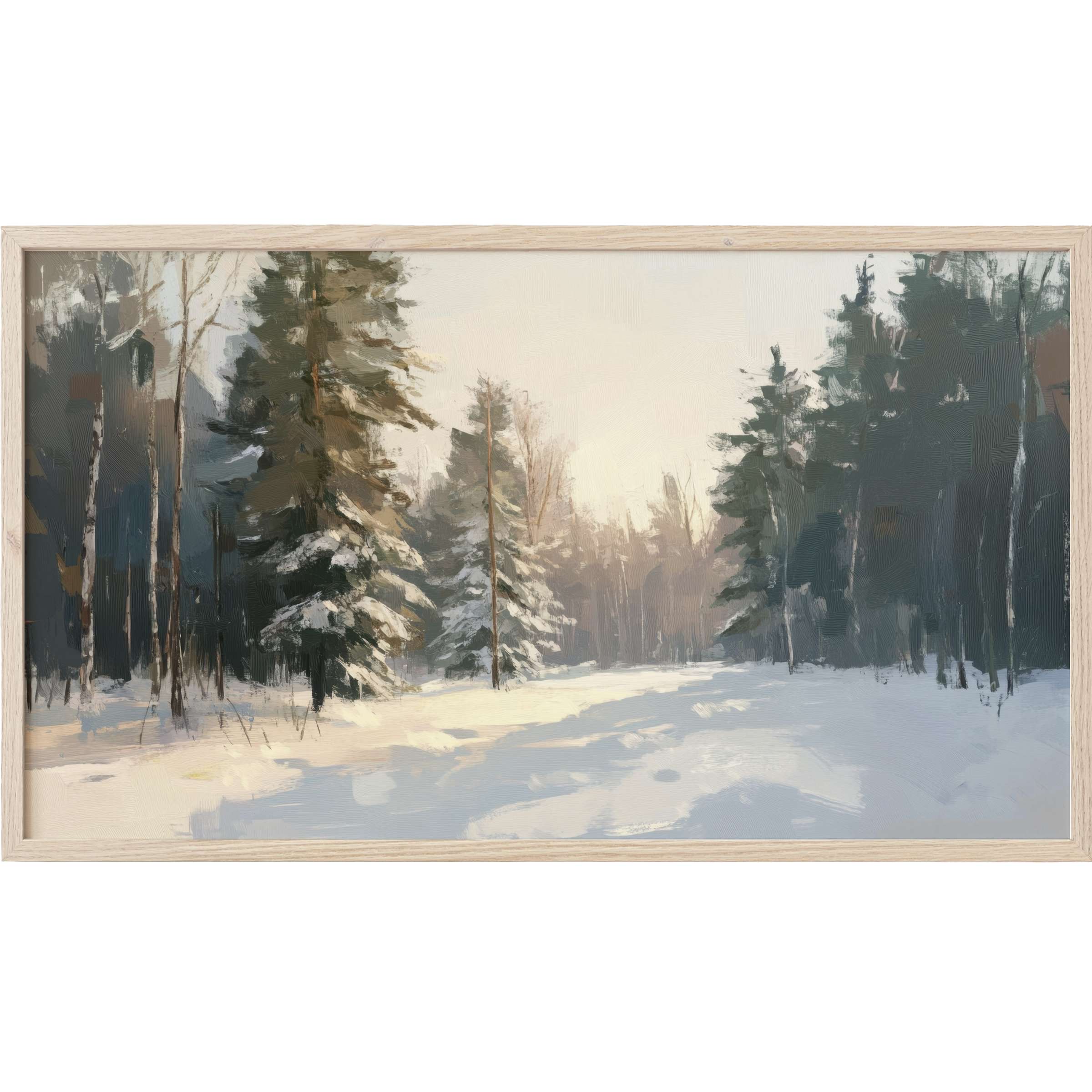 Serene winter landscape in soft greys and muted greens, evoking calm with elegant winter Frame TV Art