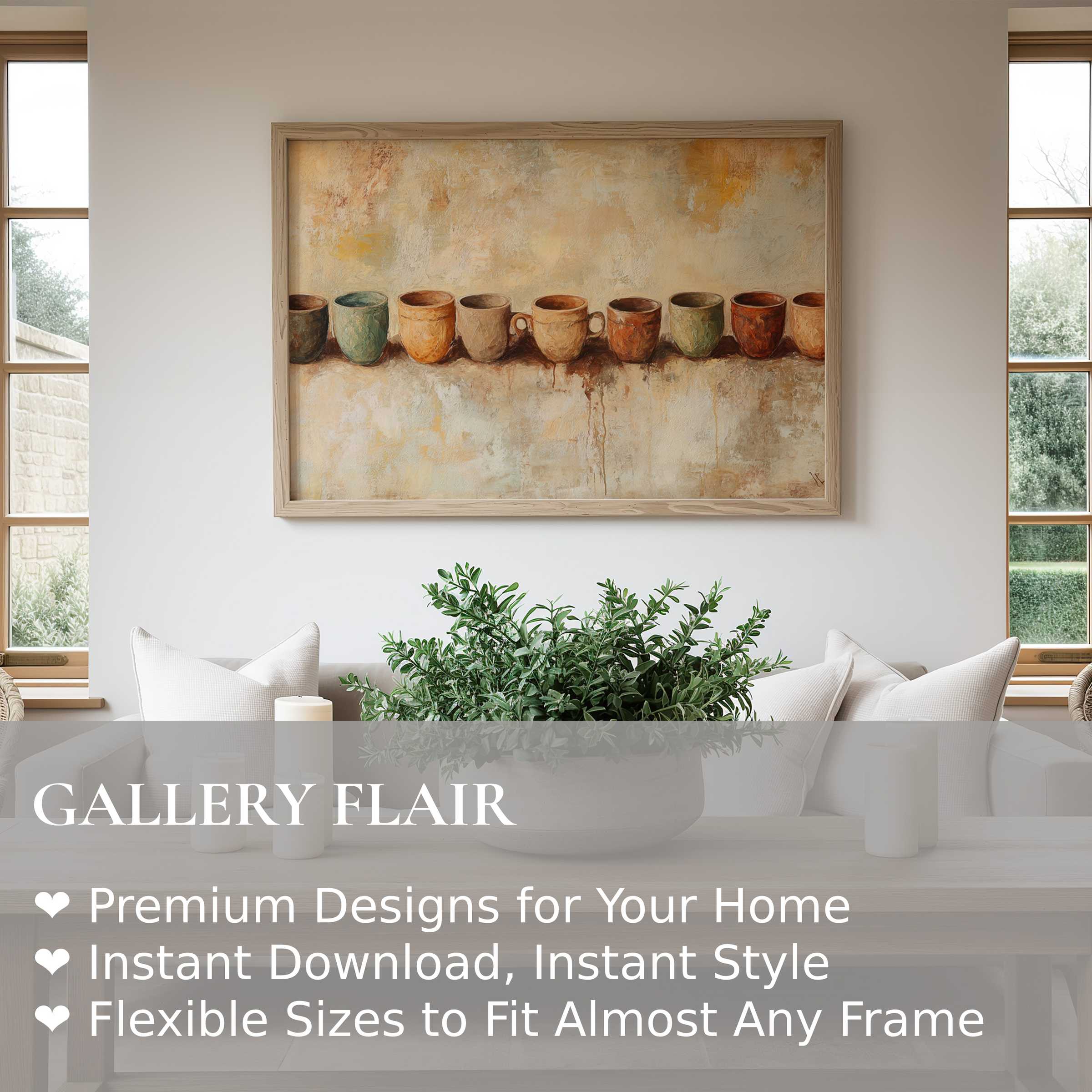 Boho wall art print featuring rustic ceramic cups in warm earth tones, adding soft, calming charm to a contemporary farmhouse living room