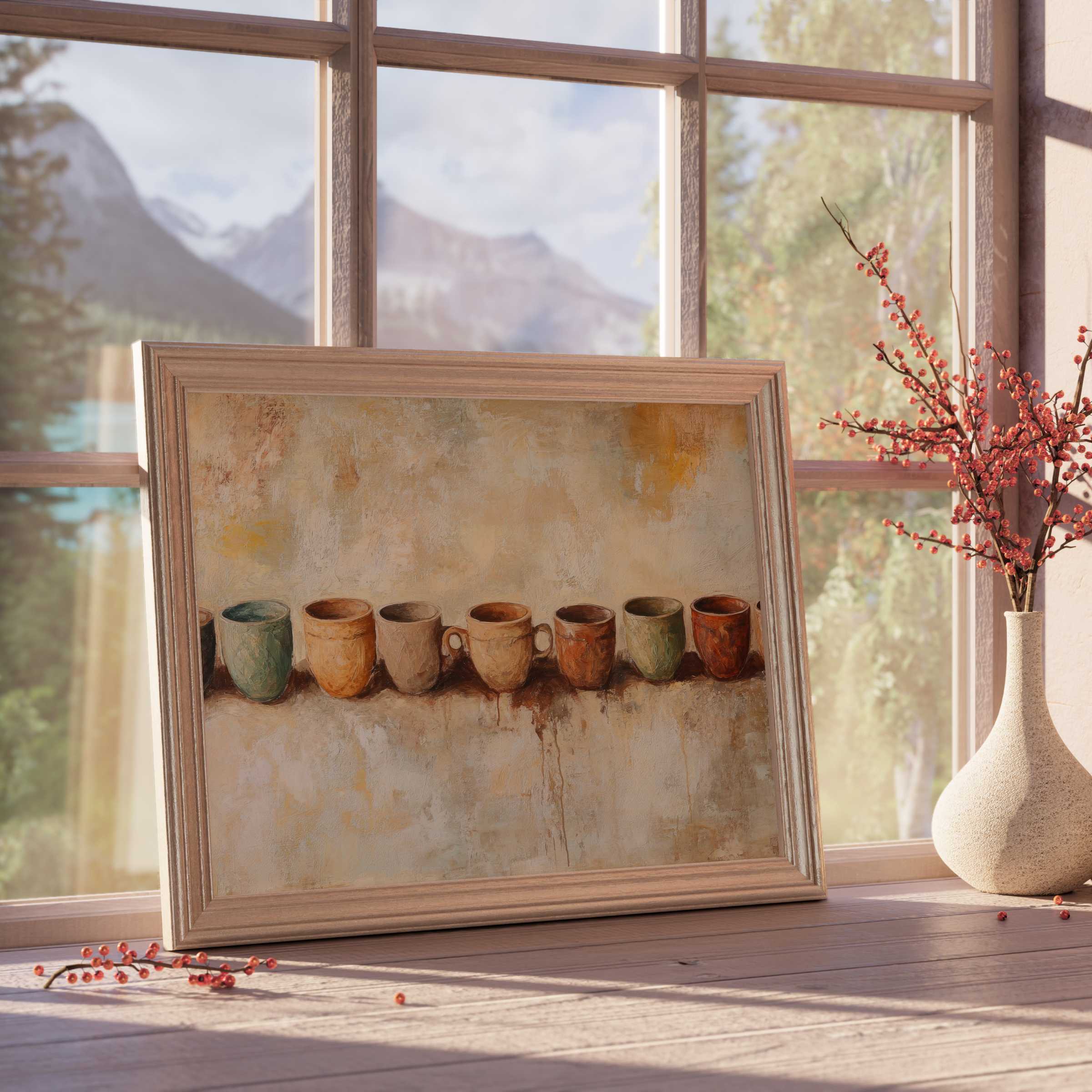Boho downloadable art featuring earthy ceramic mugs in warm tones, enhancing tranquil, curated interiors with vintage charm and cozy sophistication