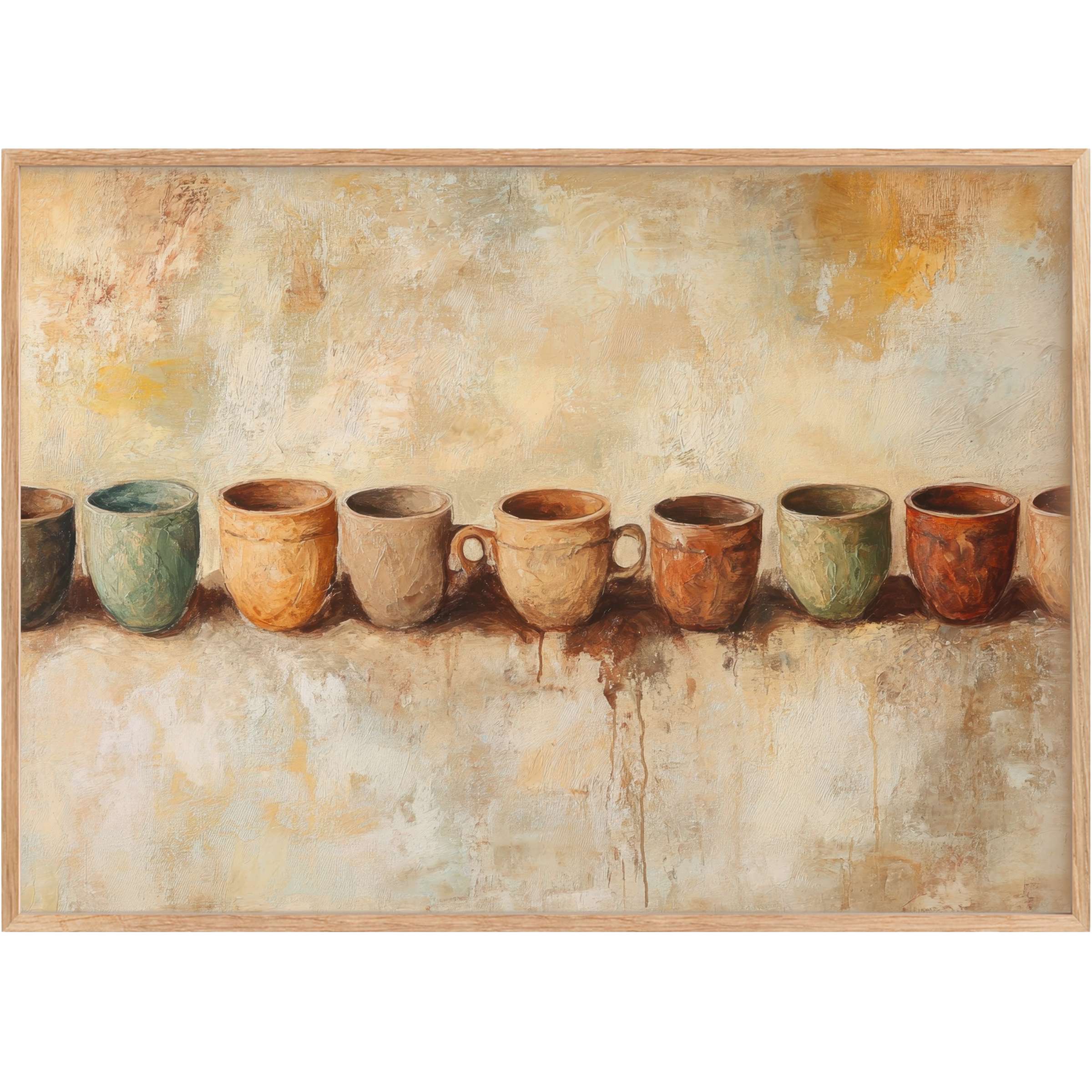 Boho printable wall art featuring an earthy row of textured cups in warm terracotta and muted sage tones, evoking a serene, rustic charm