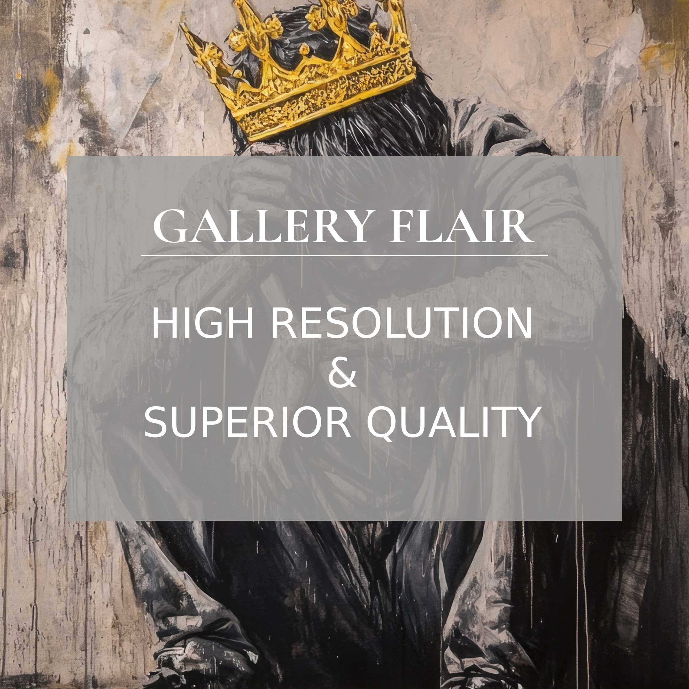 Street art printable art featuring a striking golden crown atop a pensive figure, radiating bold, urban sophistication with exquisite detail to elevate modern interiors